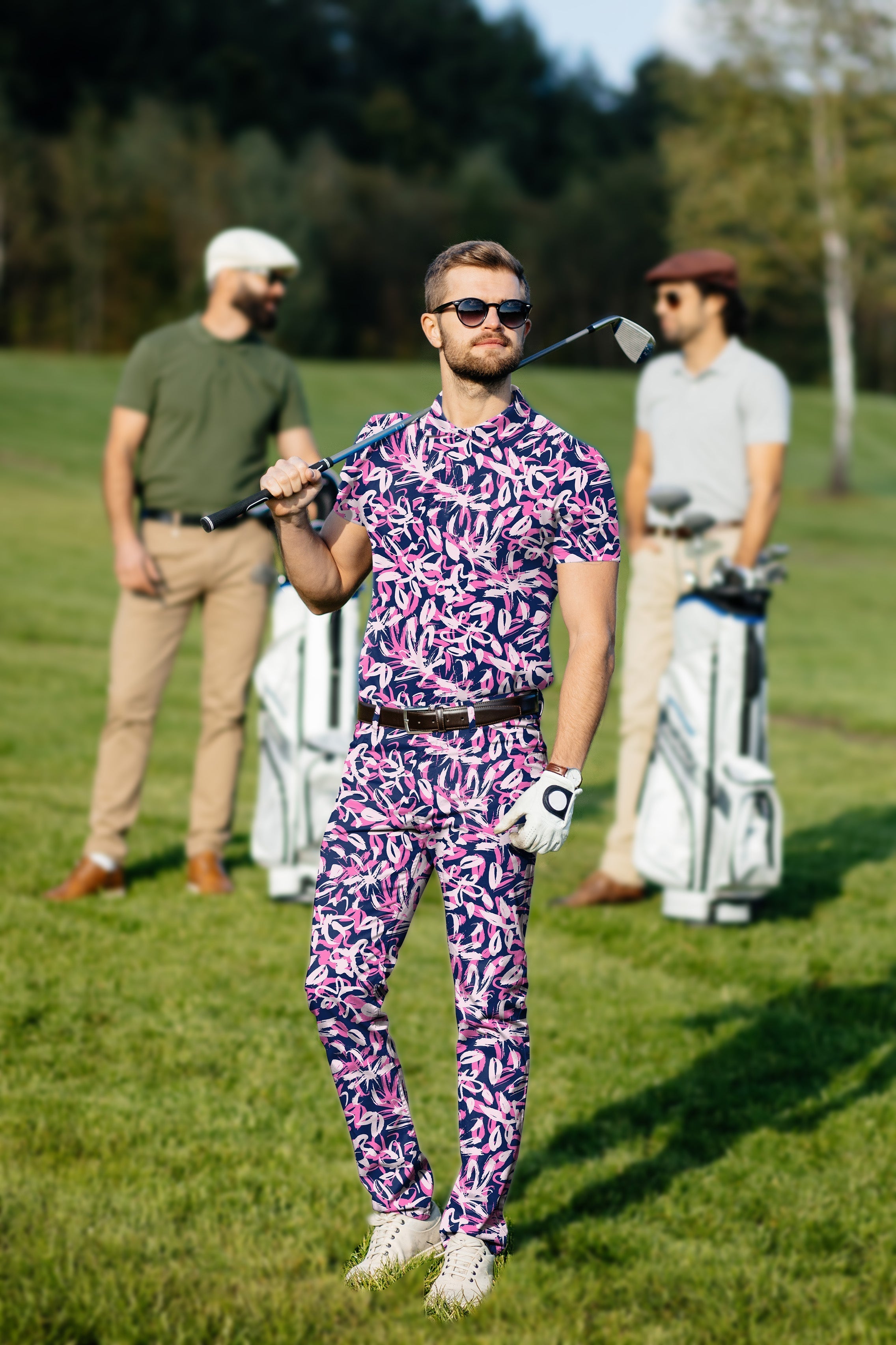 Men's Golf Set with floral patterned polo and pants, four-way stretch, moisture-wicking fabric, and UPF 40+ protection
