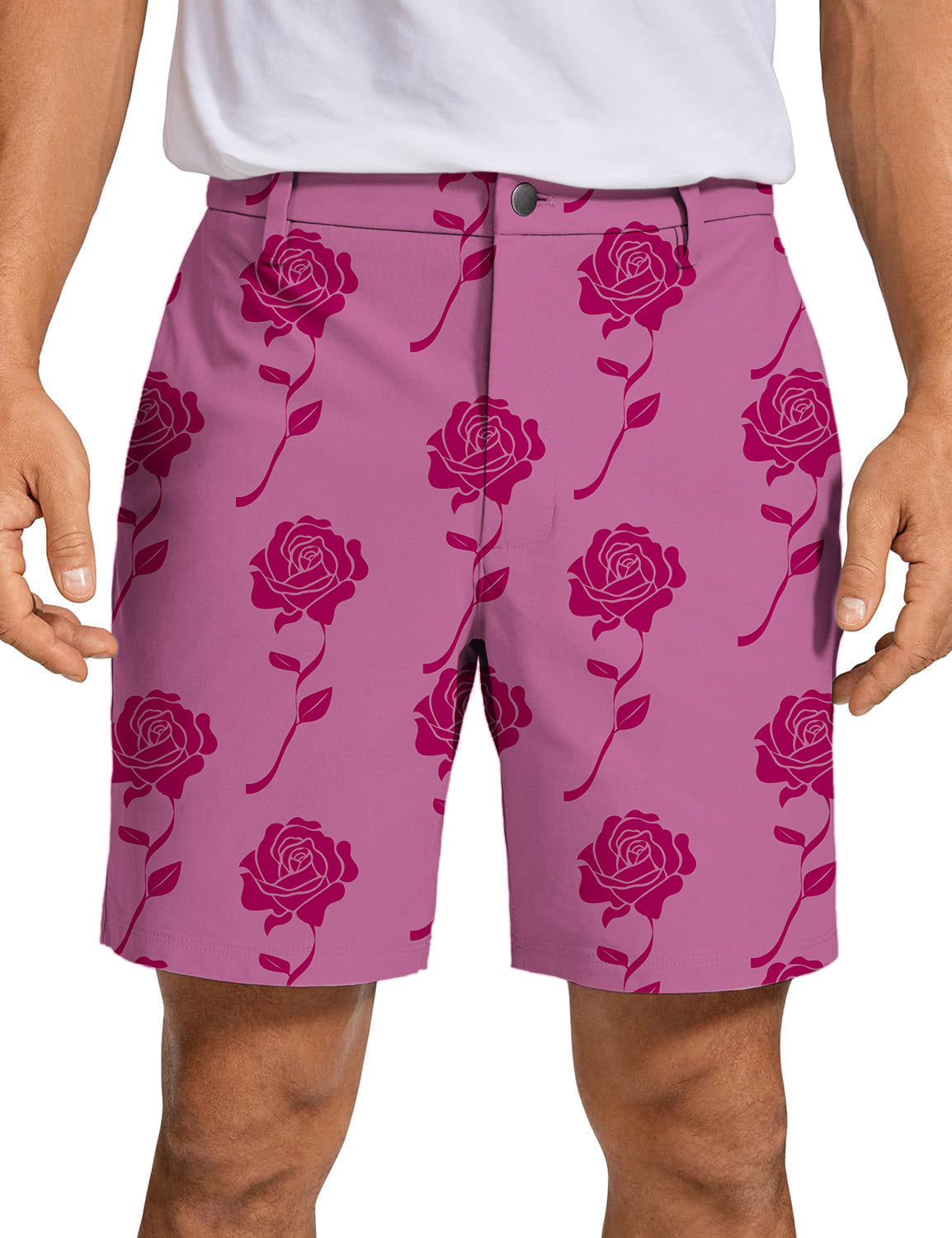 Men's red roses patterned golf shorts with quick-dry, lightweight fabric and wrinkle-free design