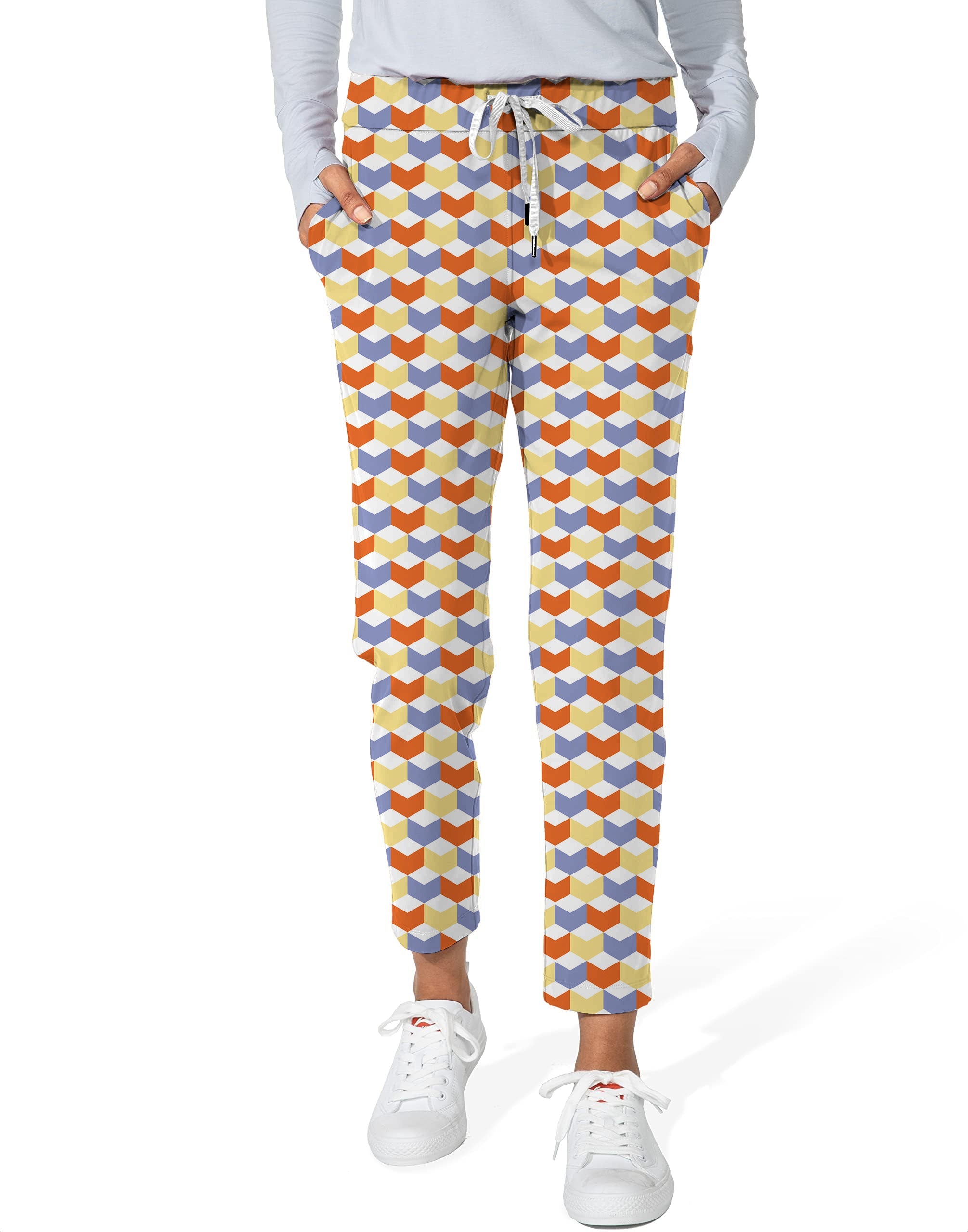 Women's 7/8 stretch ankle golf pants with colorful 3d square box pattern
