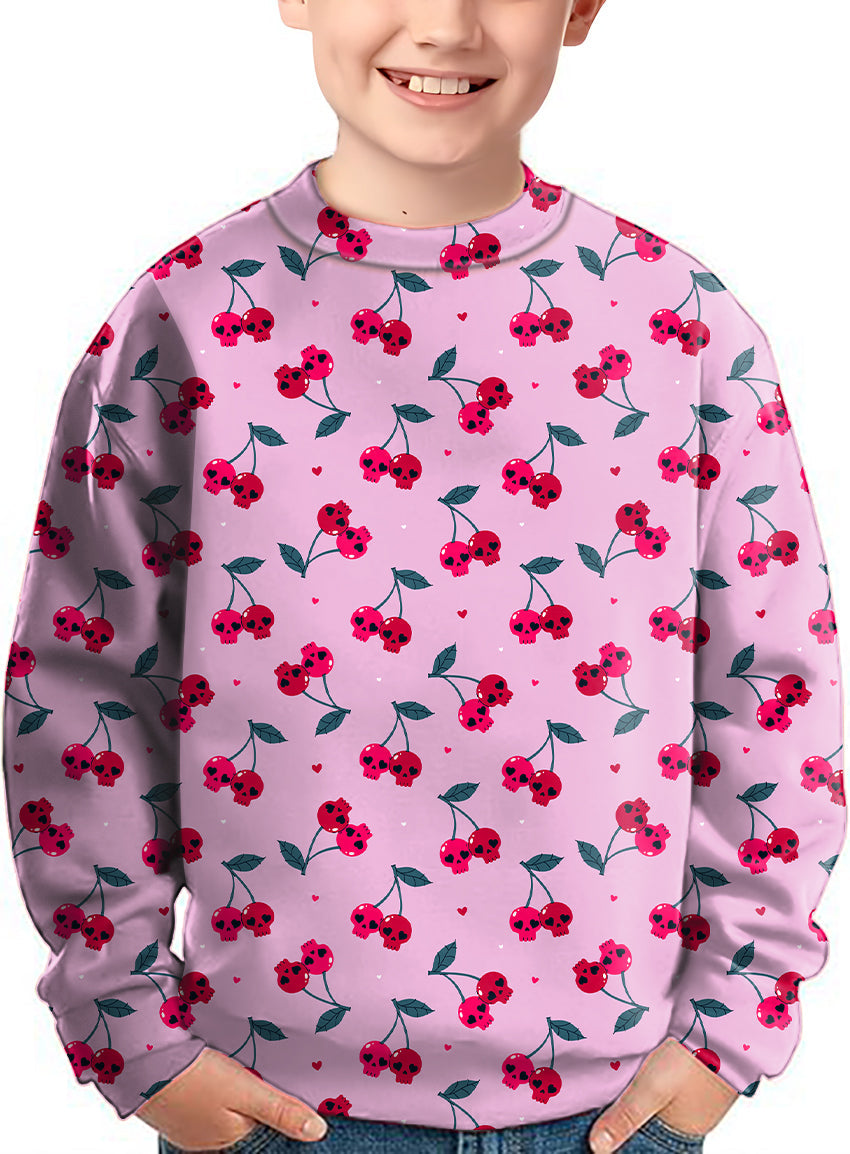 Kids Halloween Cherry Skull crewneck pullover with pink cherry skull pattern
