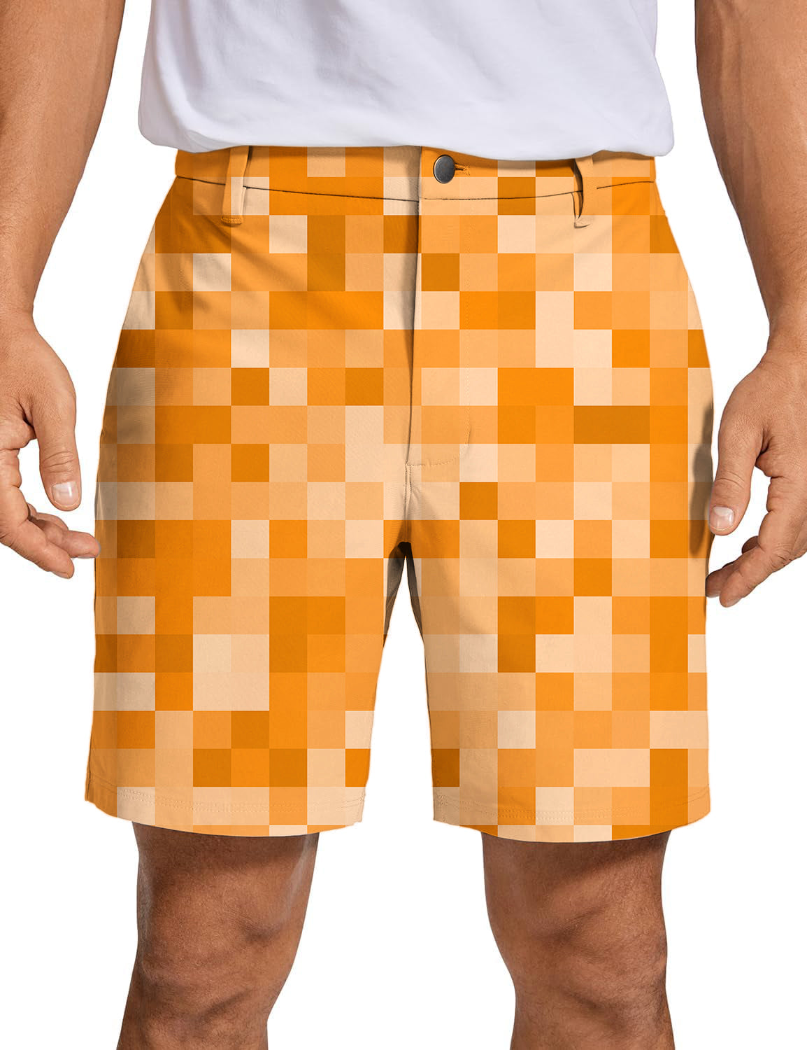 Men's orange pixel pattern golf shorts with quick-dry, breathable fabric and two-way stretch design