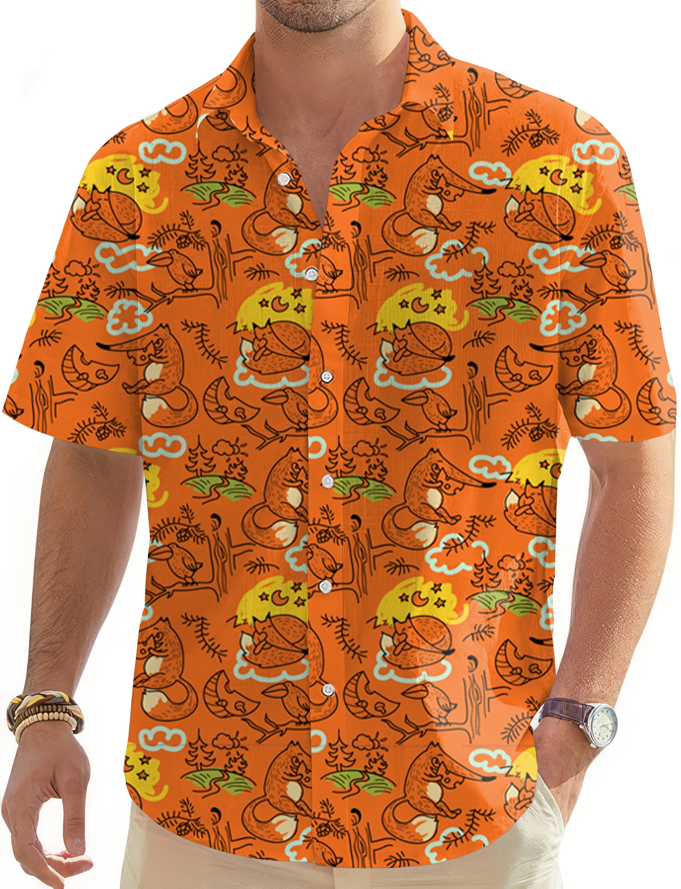 Men's Golf Hawaiian shirt with orange fox print and button-down collar