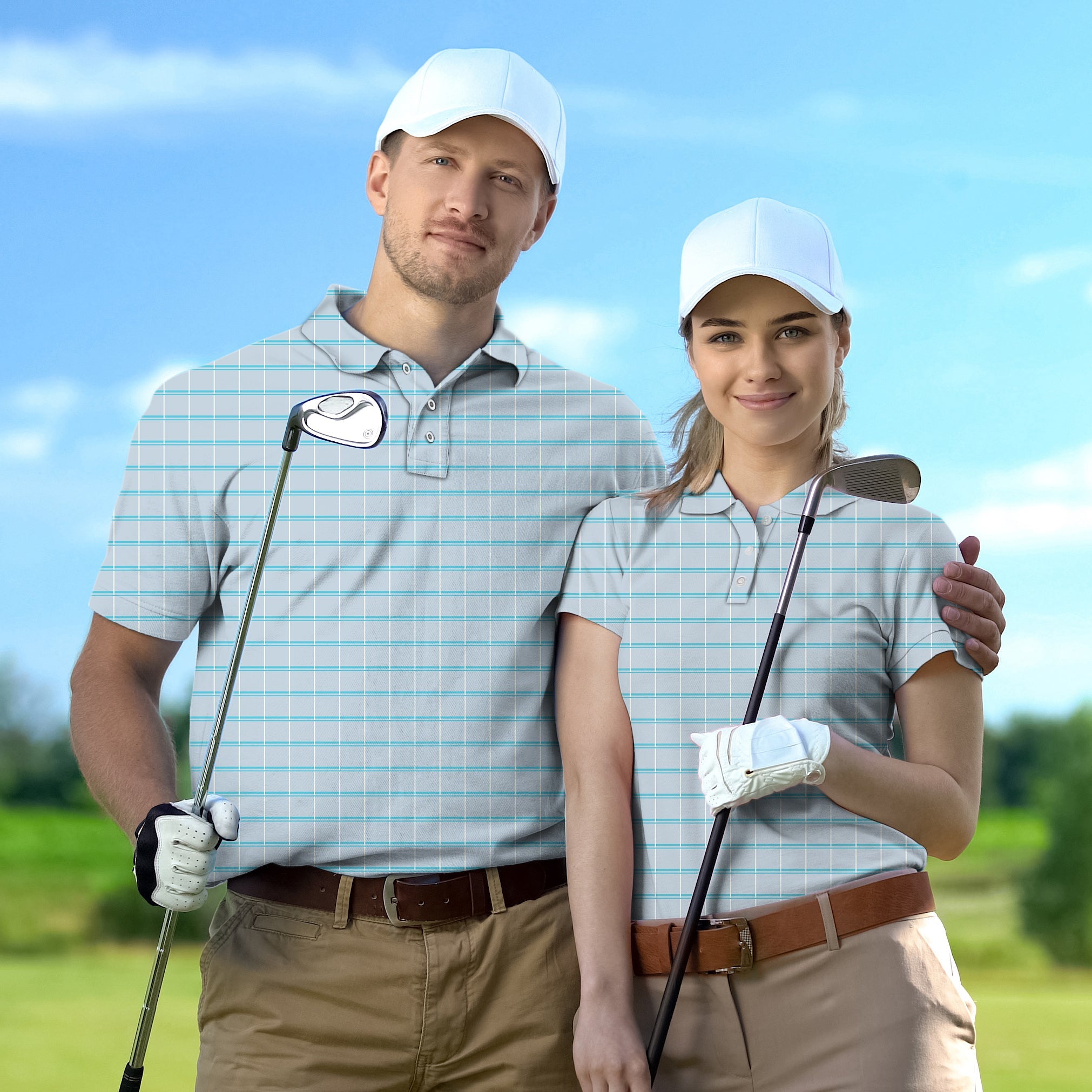 sky blue checkered golf polo couple set with four-way stretch and UPF 40+ protection