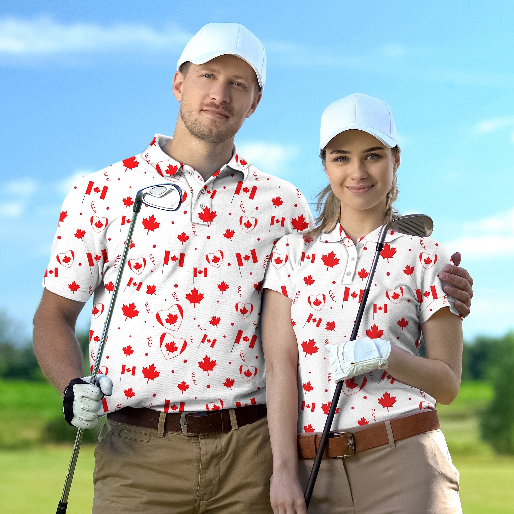 Couple wearing Canadian patriotic flag golf shirts with custom features holding golf clubs outdoors