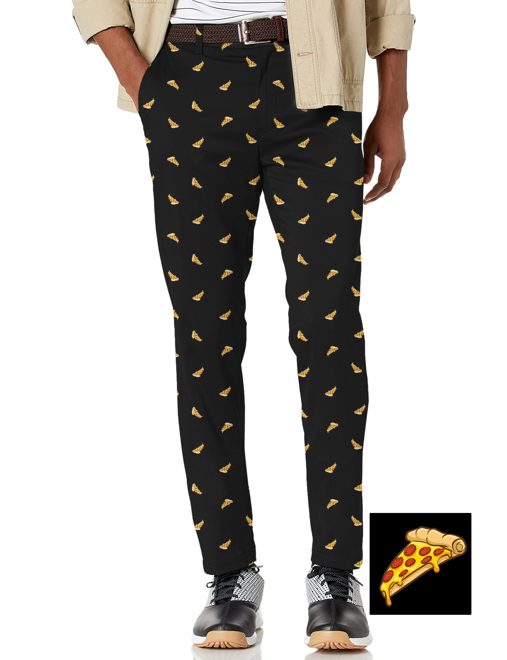 Men's black stretch golf pants with white pizza slice pattern for performance and comfort