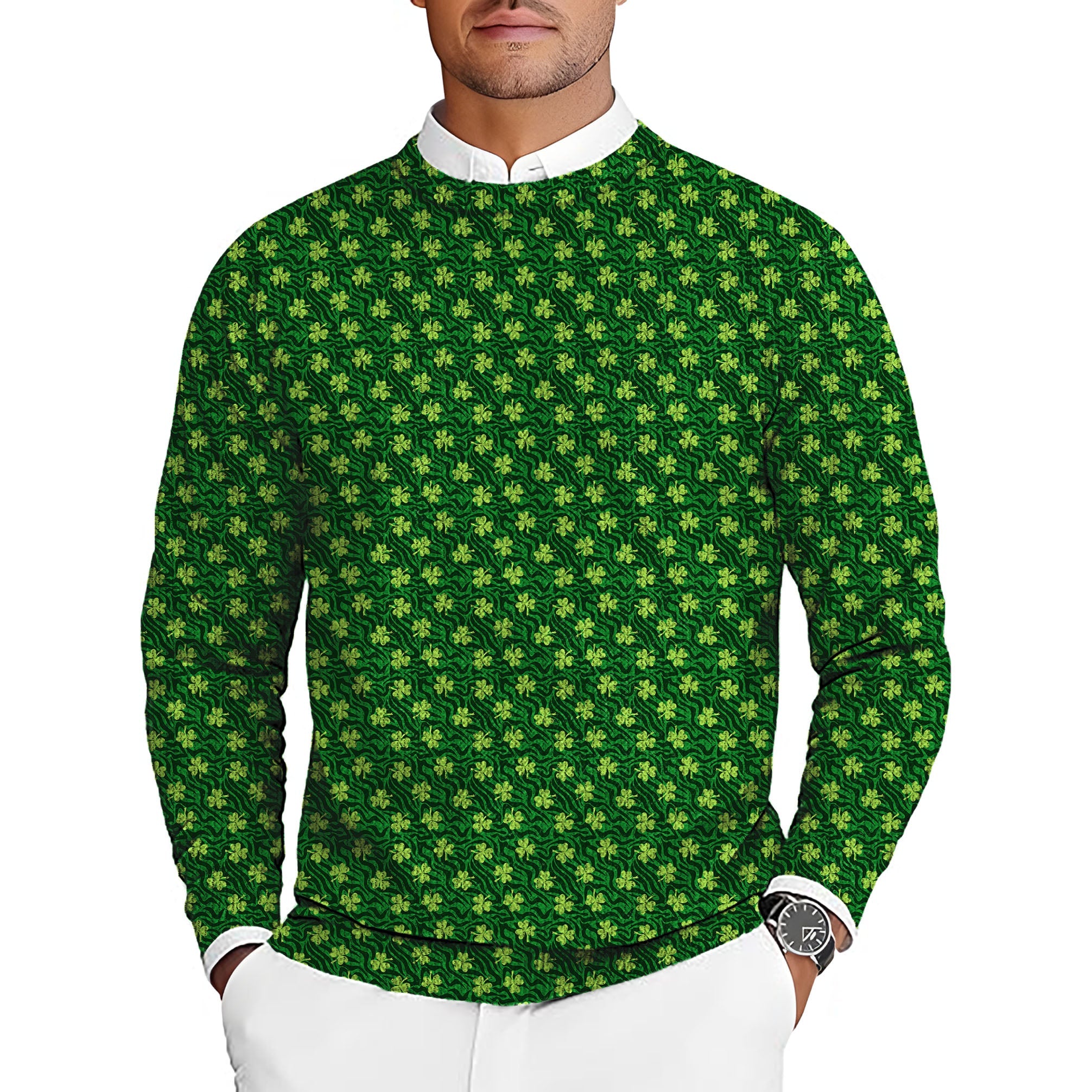 Men's green St. Patrick's Day golf crewneck pullover sweater with leaf clover pattern, ugly sweater style