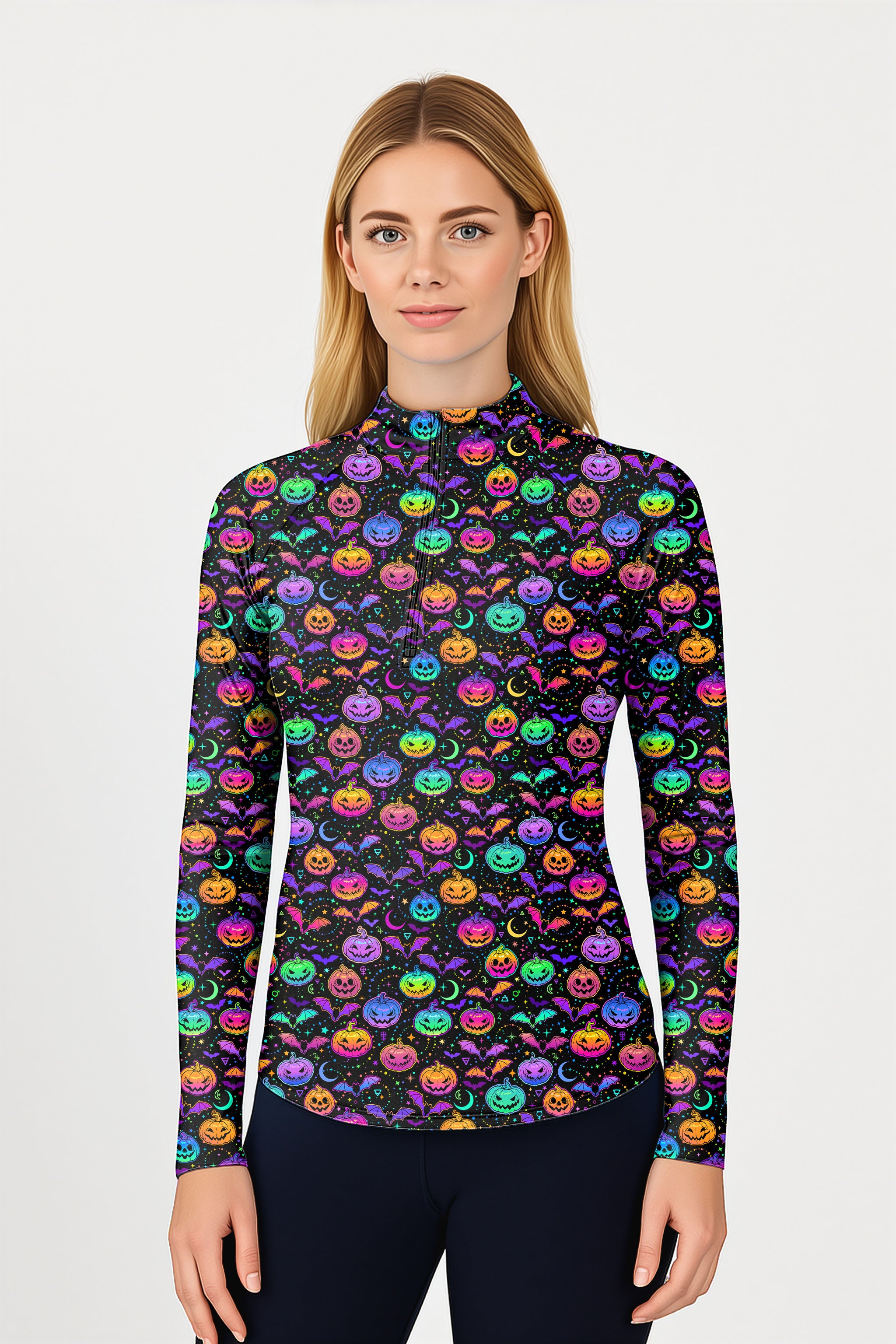 Neon Halloween Pumpkin Women's Golf Active 3/4 Zip Top