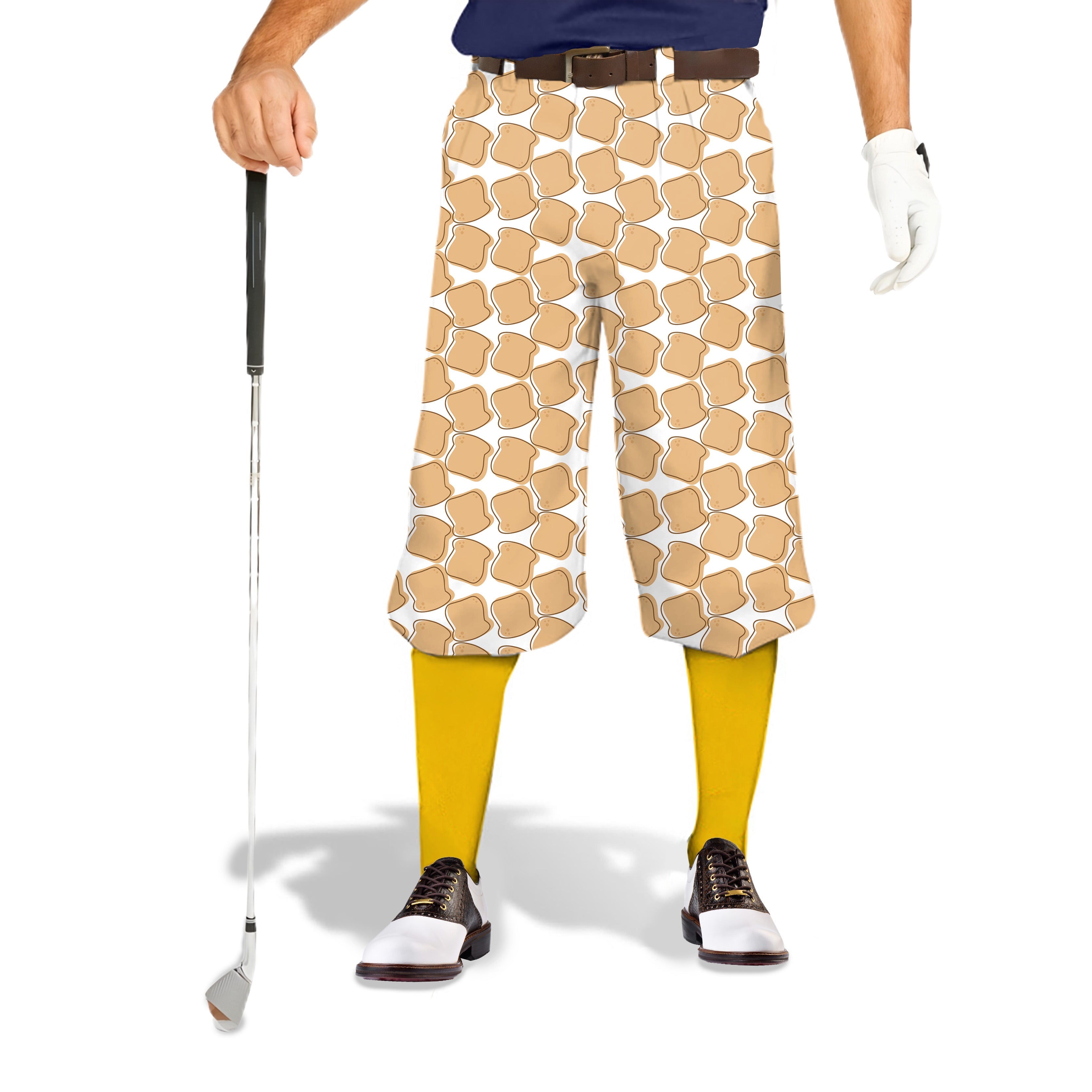 Bread Life Men's Golf Knickers with toast pattern, soft stretchy fabric, snug ankle cuffs, and adjustable Velcro design for stylish golf wear