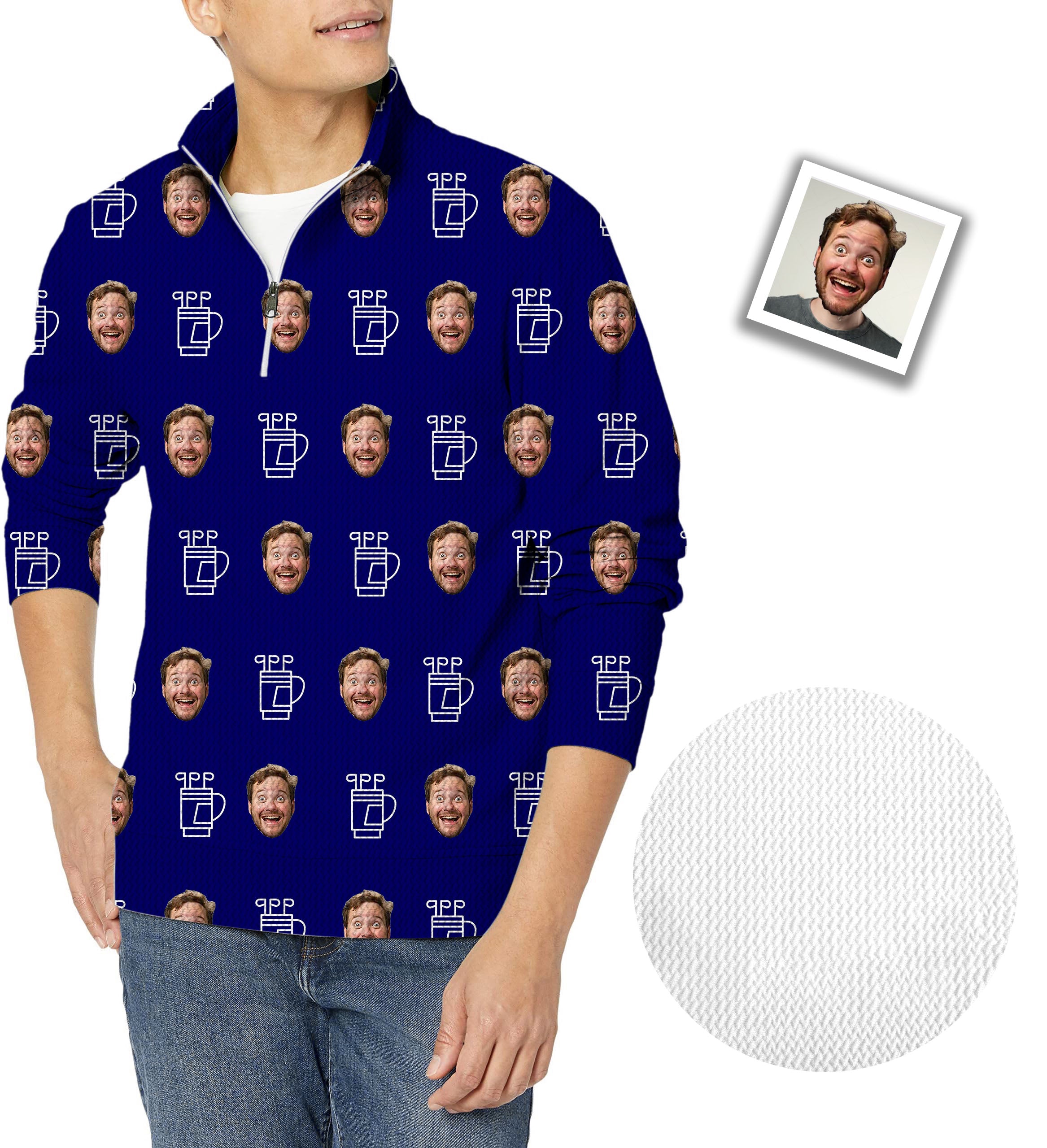 Men's Custom Photo Funny Face Golf Cart Waffle Zipper Pullover Gift