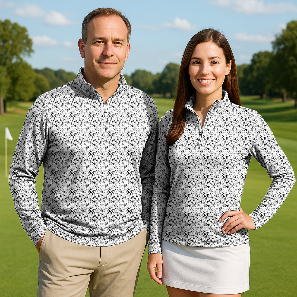 Terrazzo Couple Golf active 3/4 zip long sleeve tops in lightweight, sun-safe fabric for men and women