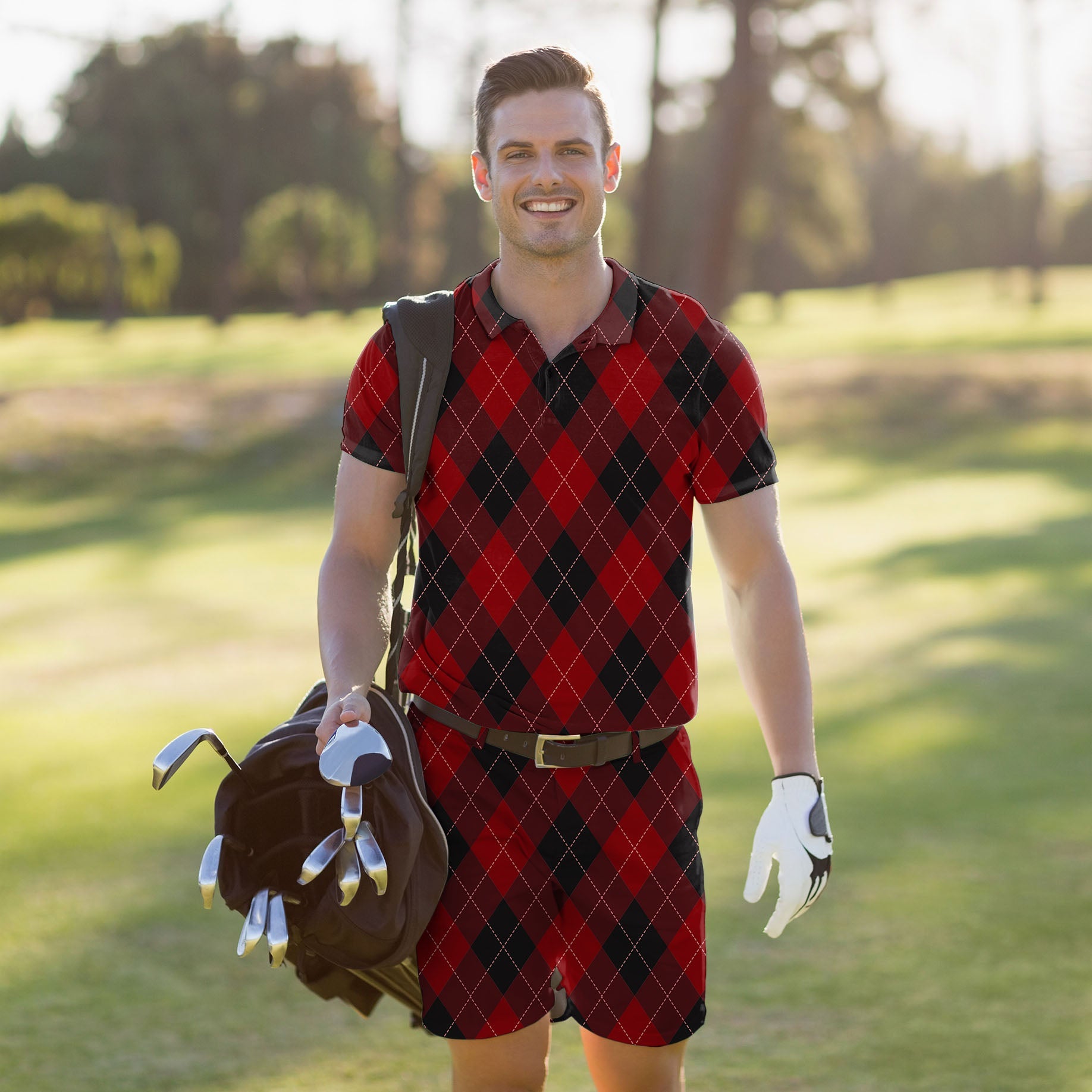 Men's golf set with red argyle polo and shorts, moisture-wicking, stretchy, wrinkle-resistant, UPF 40+ protection.