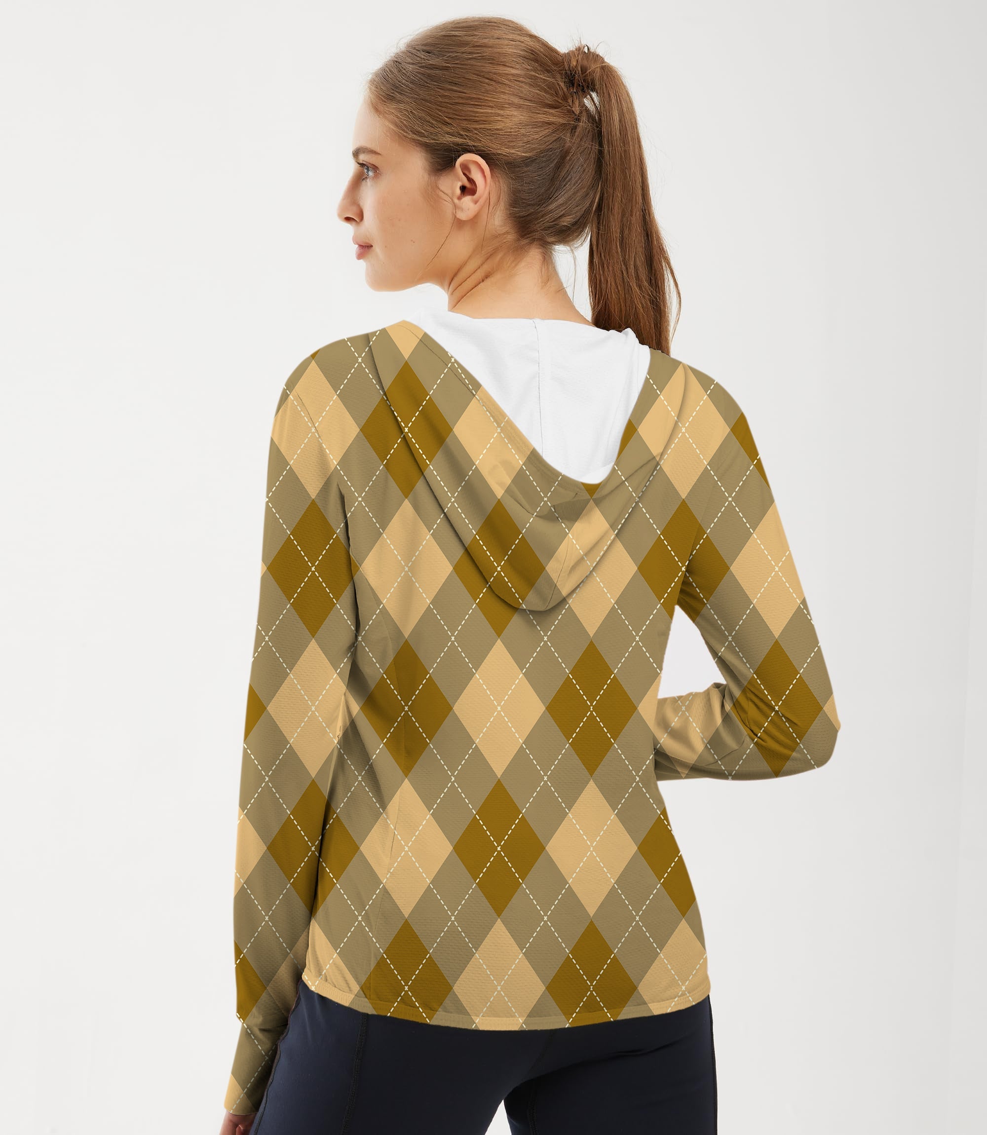 Women's outdoor brown Argyle slim fit zip hoodie with sun protection and breathable fabric for golf and outdoor activities
