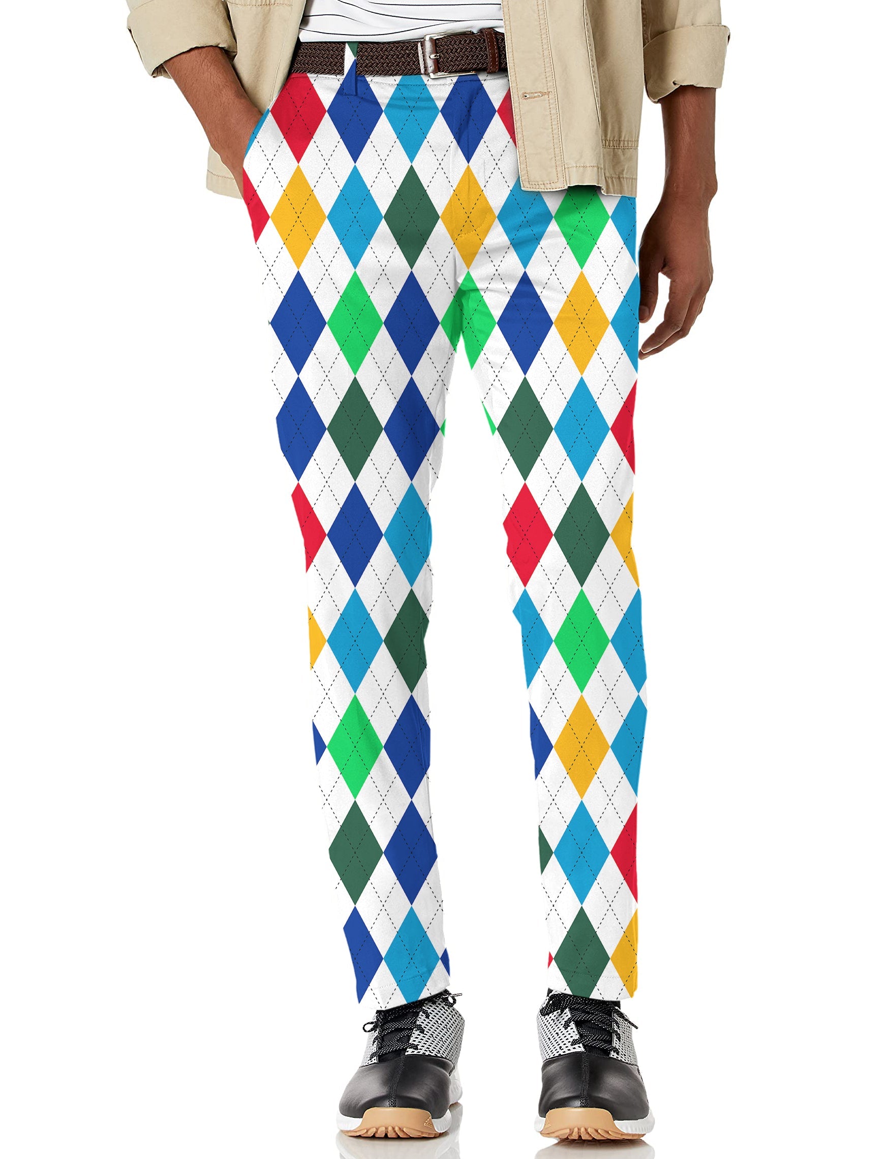 Men's Argyle colorful stretch golf pants with moisture-wicking fabric and active waistband