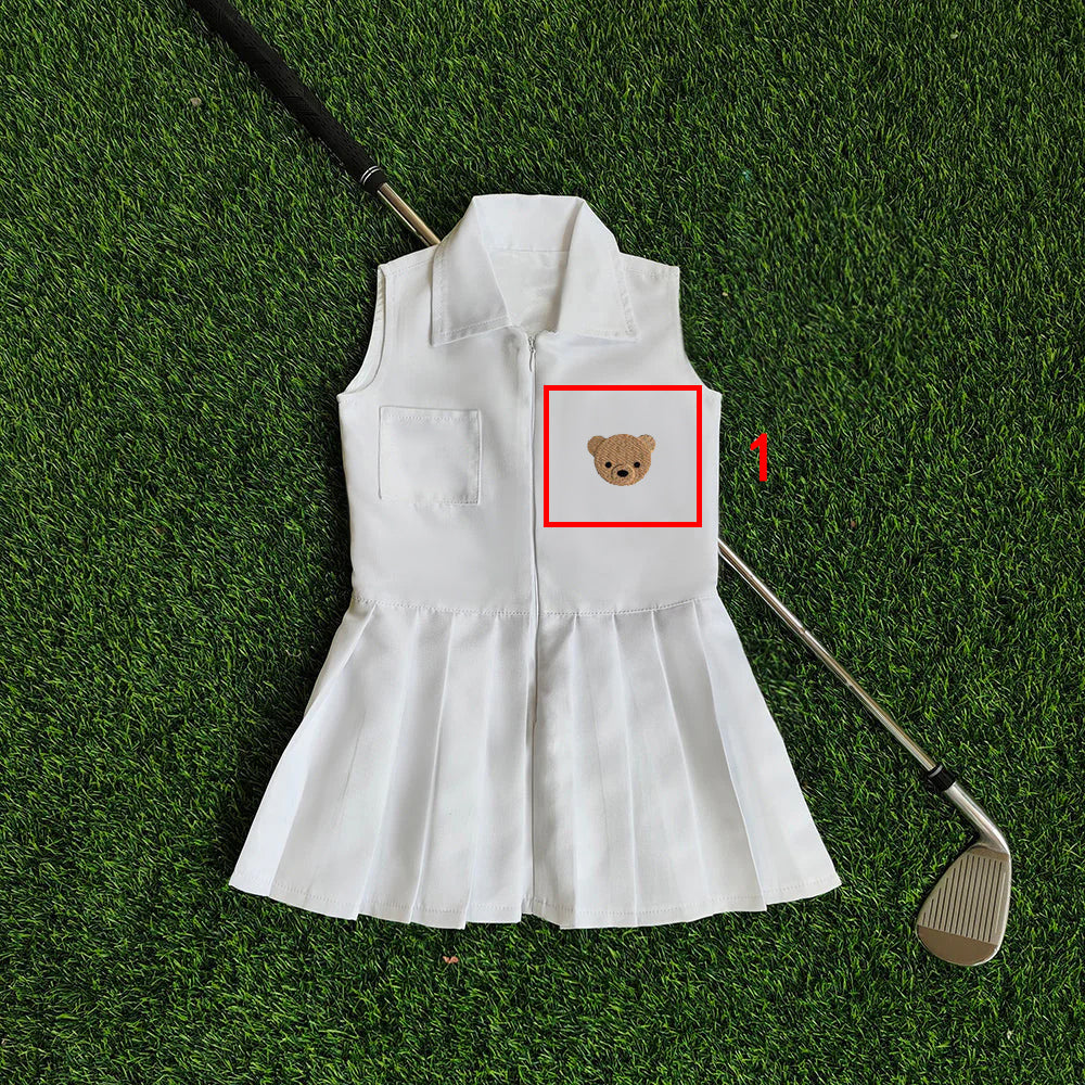Personalized Golf Toddler Caddy Dress Infant Golf White Outfit Baby Golf 1st Birthday Dress Machine Embroidered Golf Dress Children's Jumpsuit With Hat