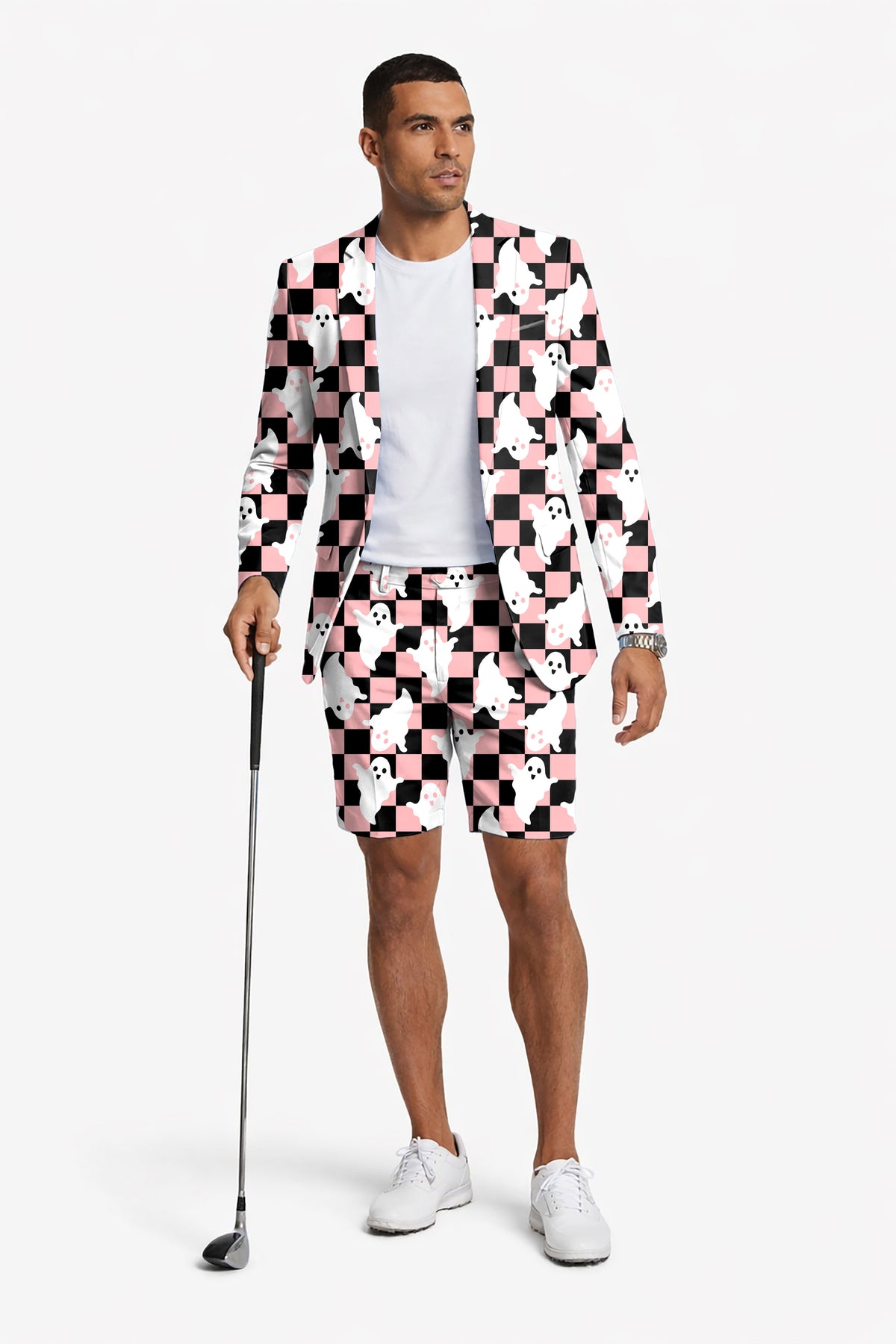 Halloween Black and White Checkerboard Ghost Men's Party Costumes-Theme Party 2pcs Suit set-Blazer Shorts