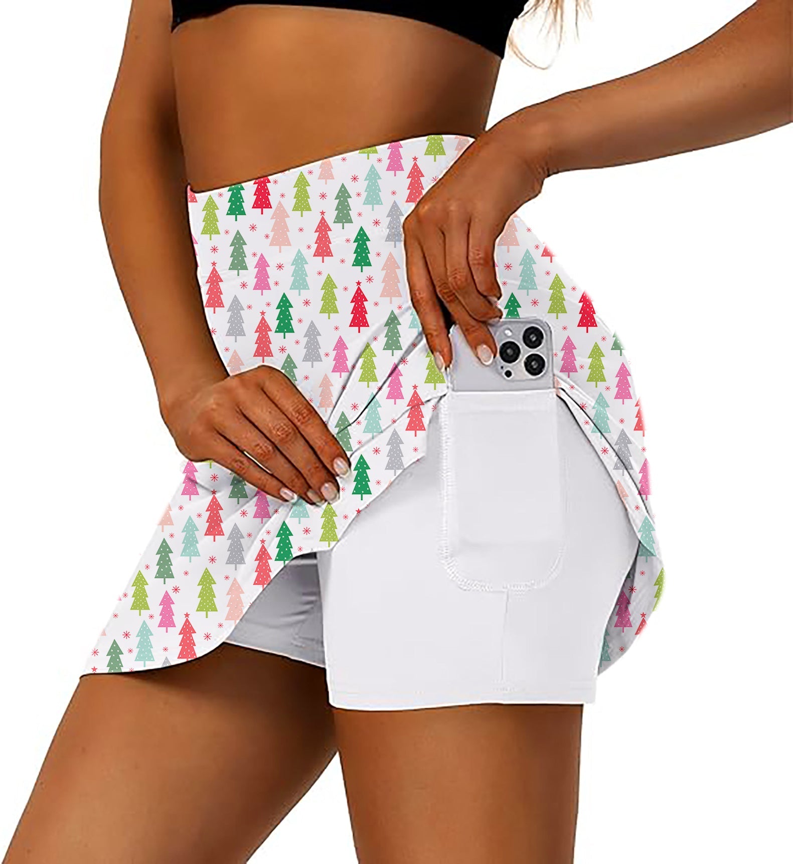 Women's golf skirt with colorful Christmas tree pattern and inner shorts with pocket for phone.