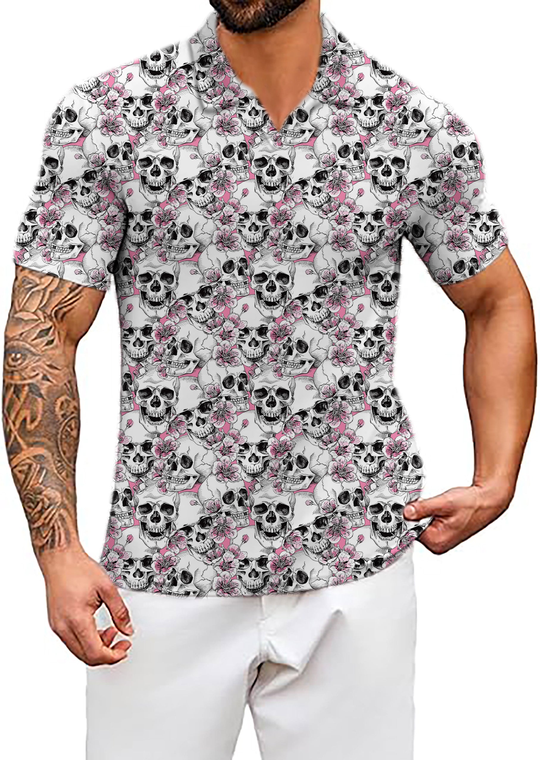 Men's Pink Skulls V Neck Golf Polo Shirts