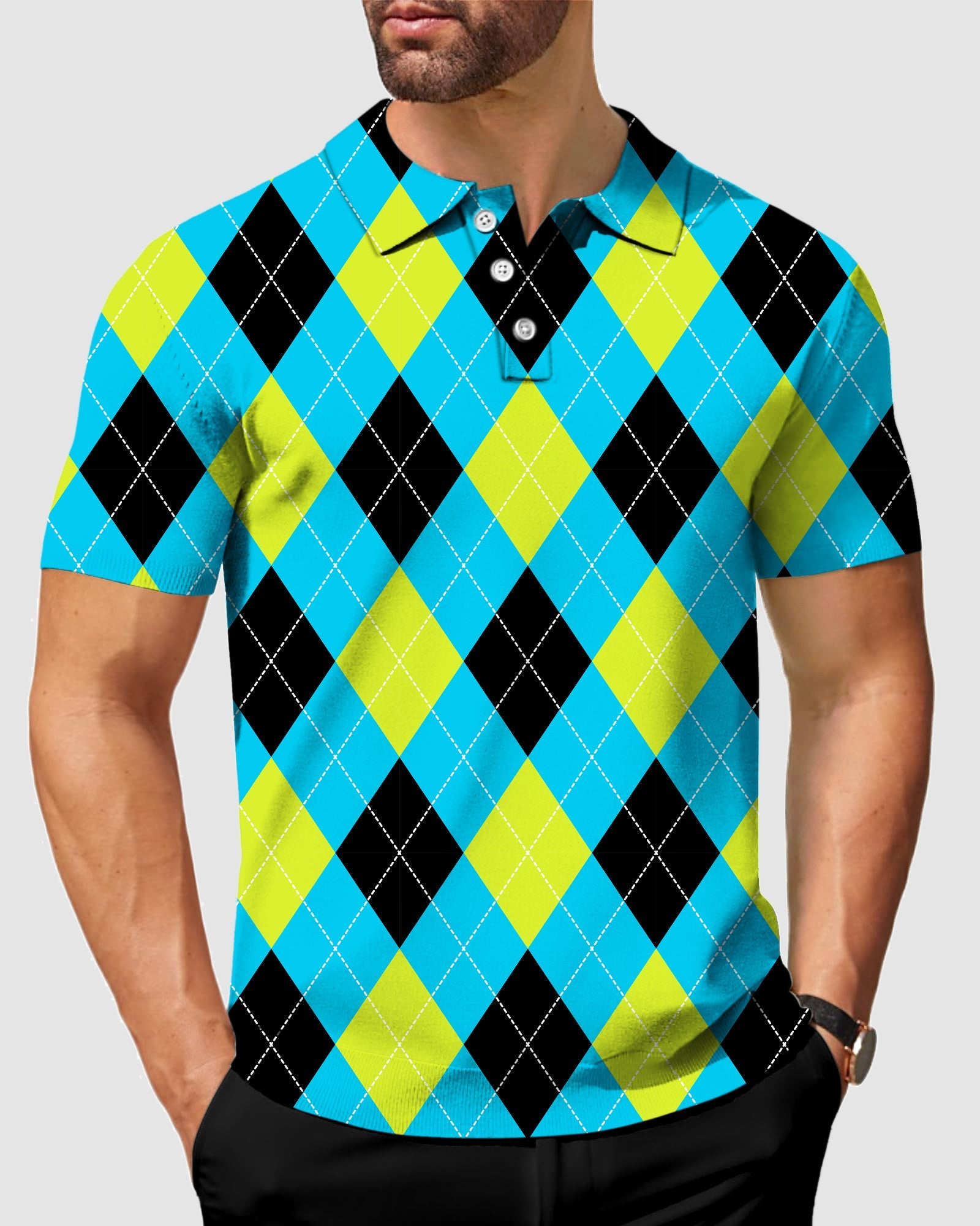Men's Halloween argyle polo shirt in black, green, blue, and white with four-way stretch and moisture-wicking fabric