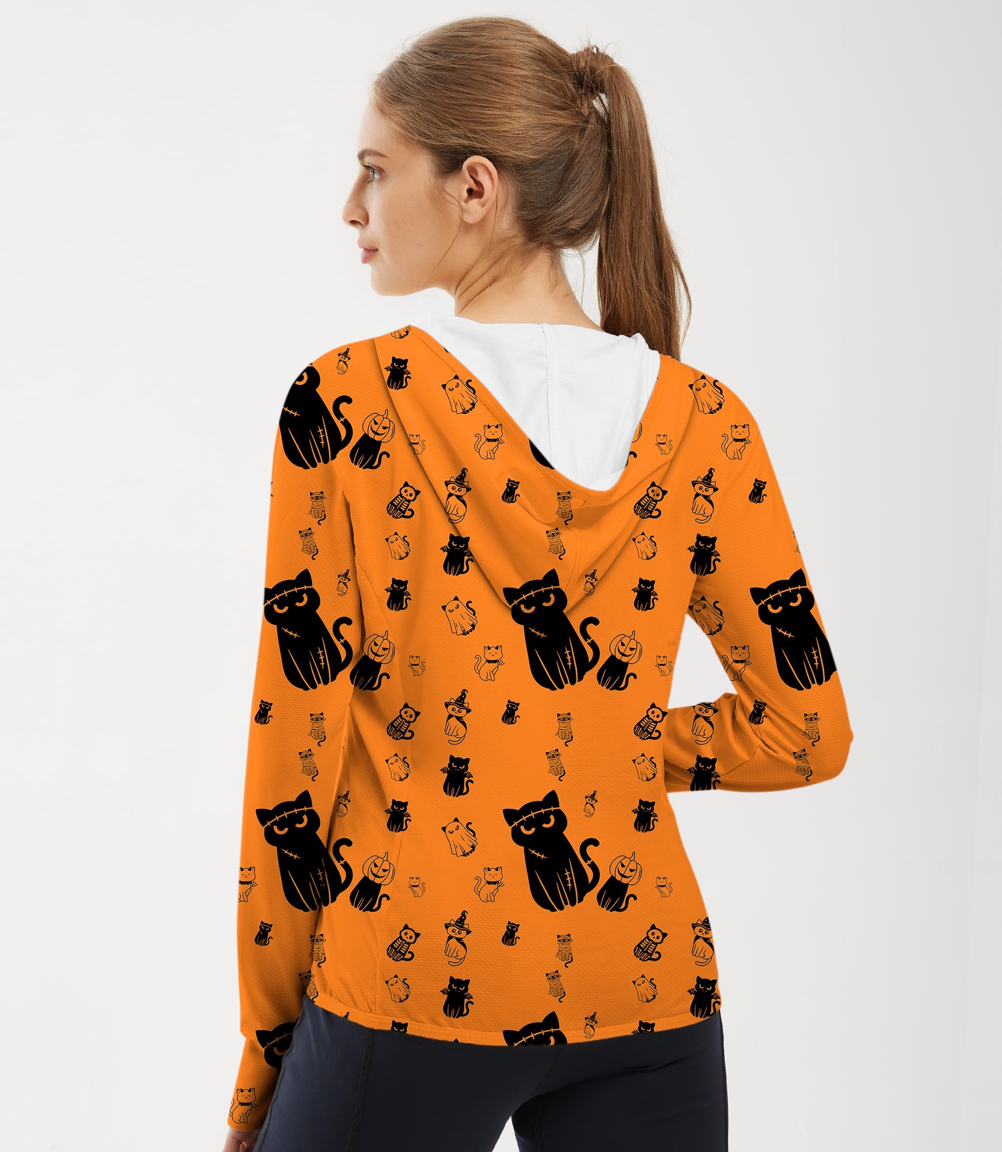 Women's slim fit outdoor Halloween hoodie with black cat pattern and sun protection