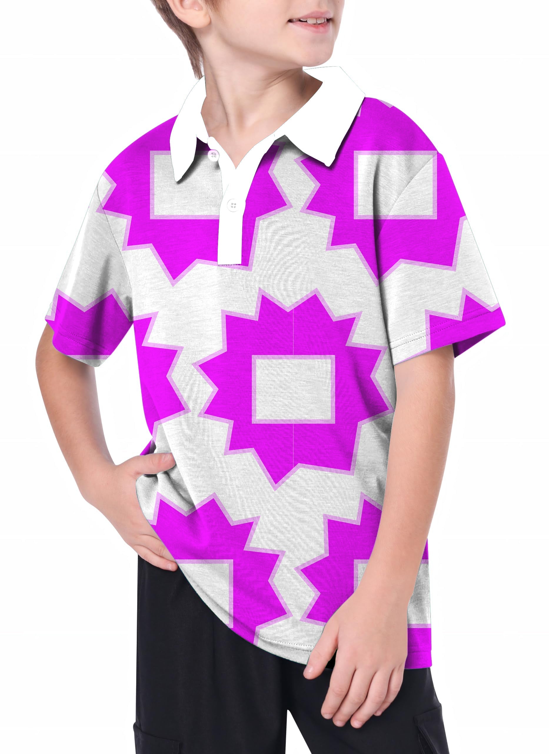 Youth Explosion Geometry limited edition youth golf polo with vibrant purple geometric pattern and white collar