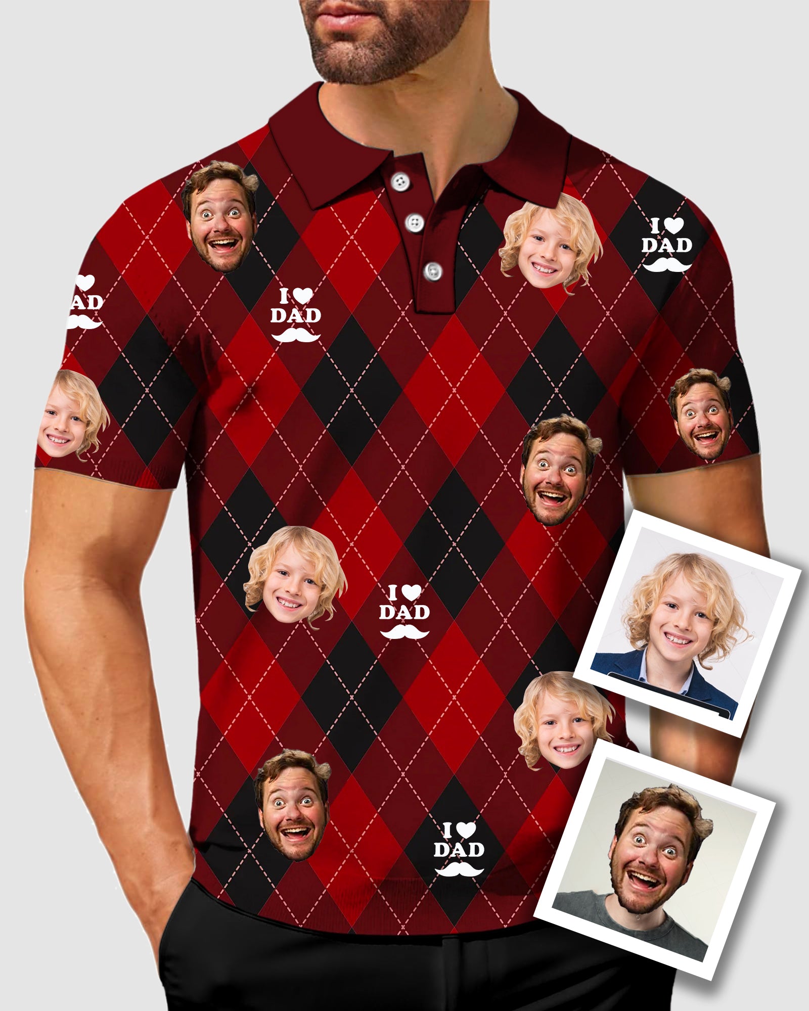 Men's To My Dad Custom Face Red Argyle Men's Golf Polo Father's Day Gift Polo