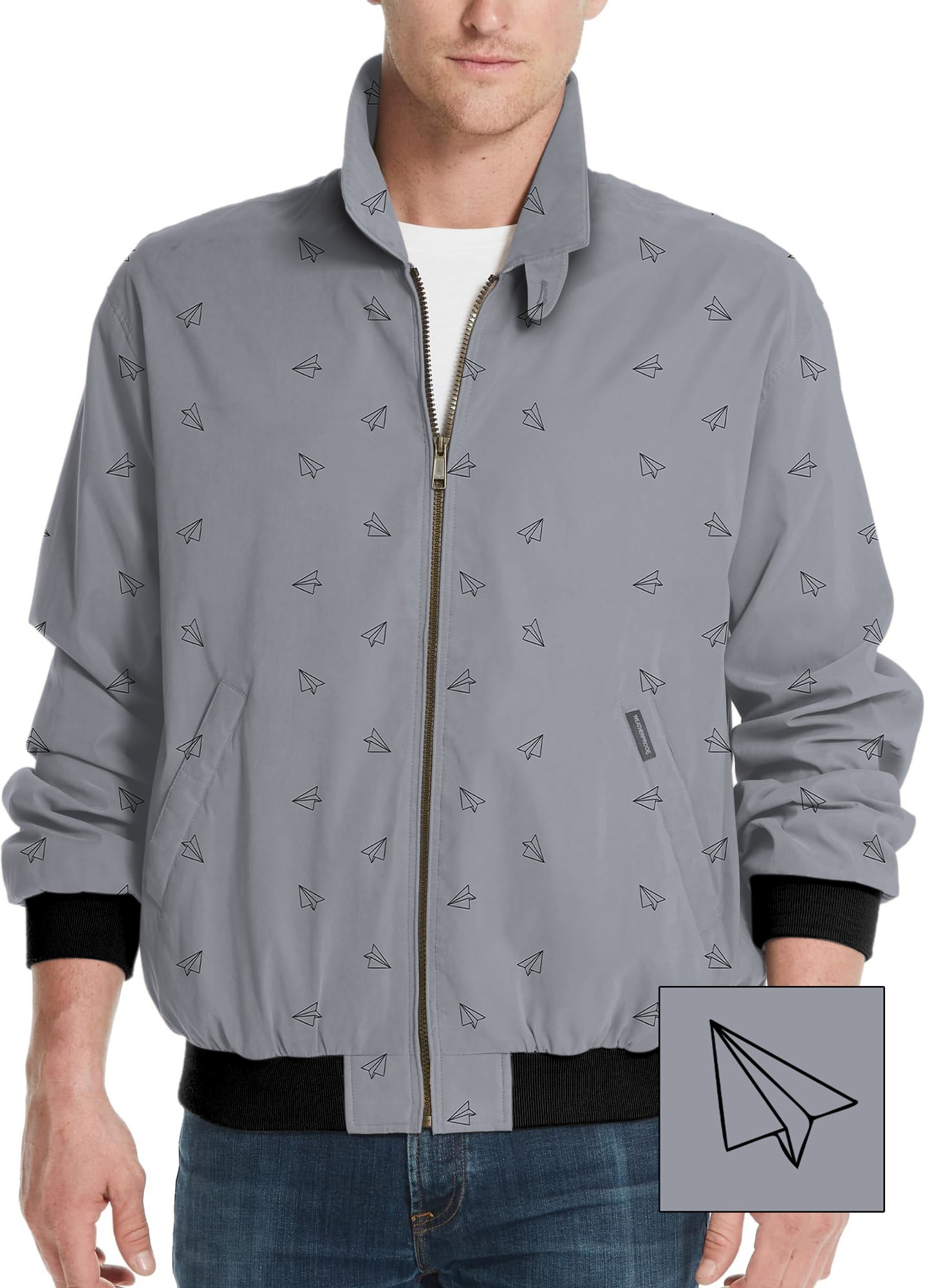 Men's golf windbreaker jacket with custom paper airplanes pattern in gray