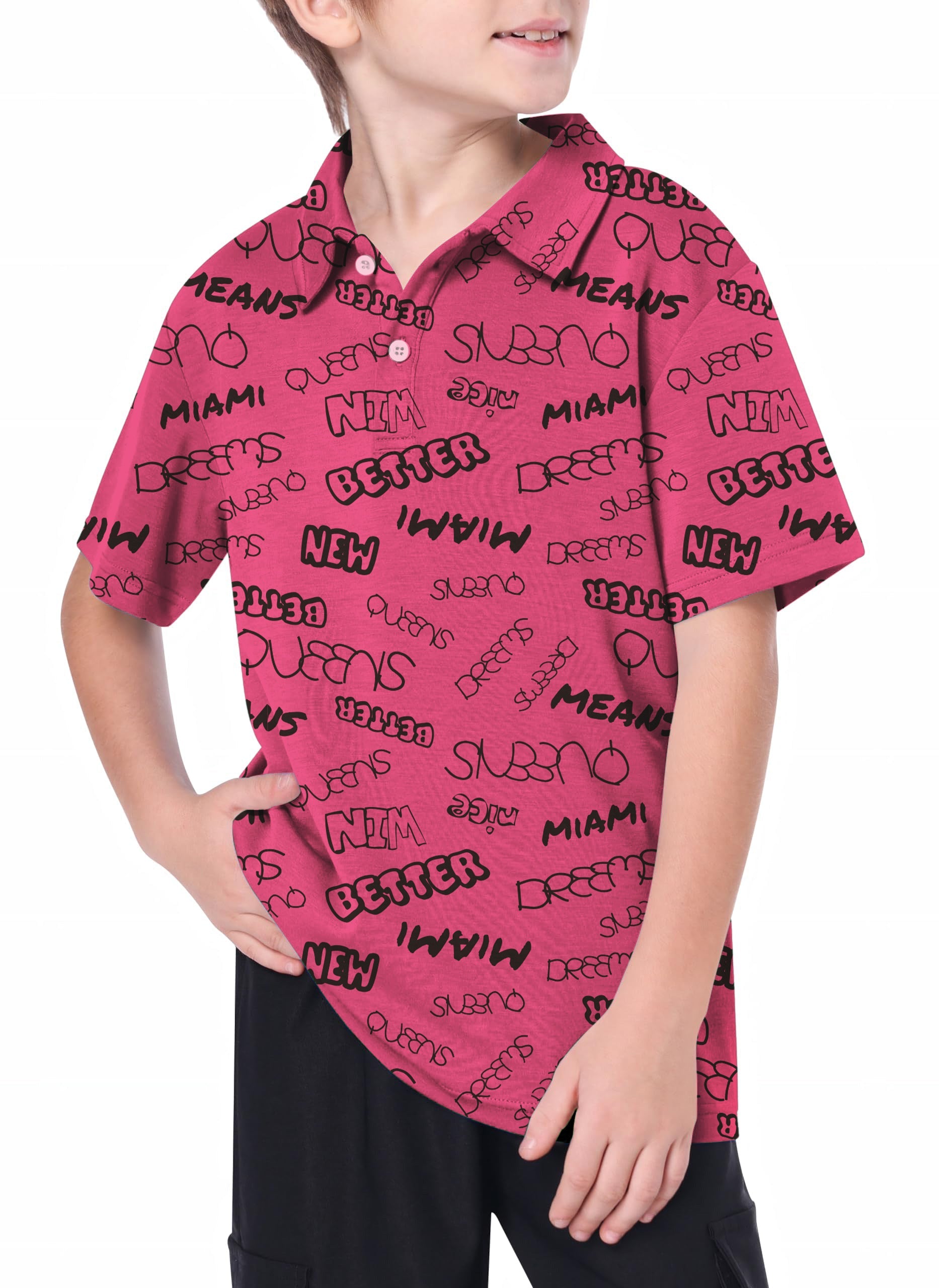 Youth Golf Polo with 4-way stretch, moisture wicking, and UPF 40+ in vibrant red text pattern design