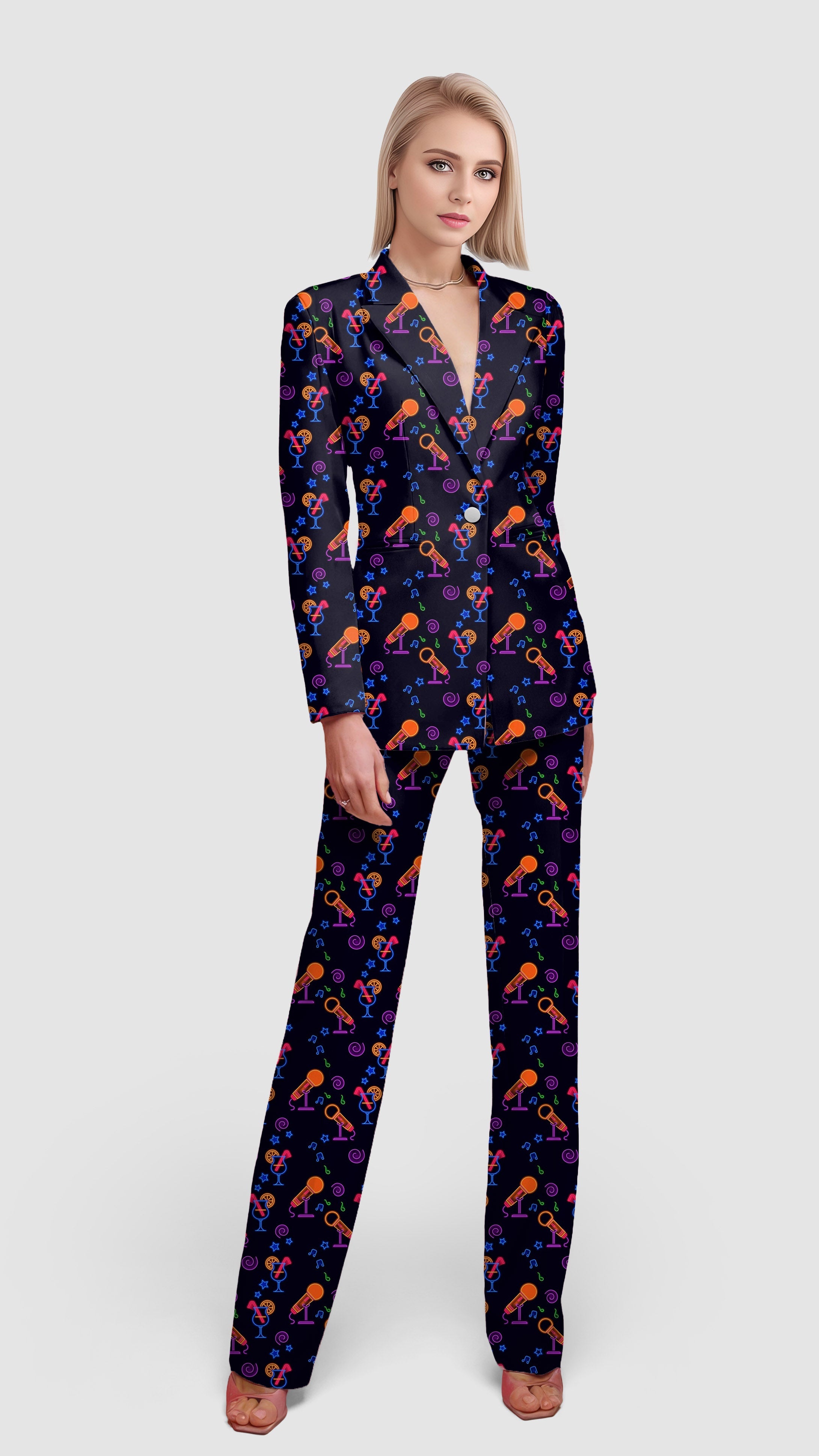 Women's blazer suit set with colorful neon pattern, casual office and workwear style, tailored fit with lapel collar and single button.