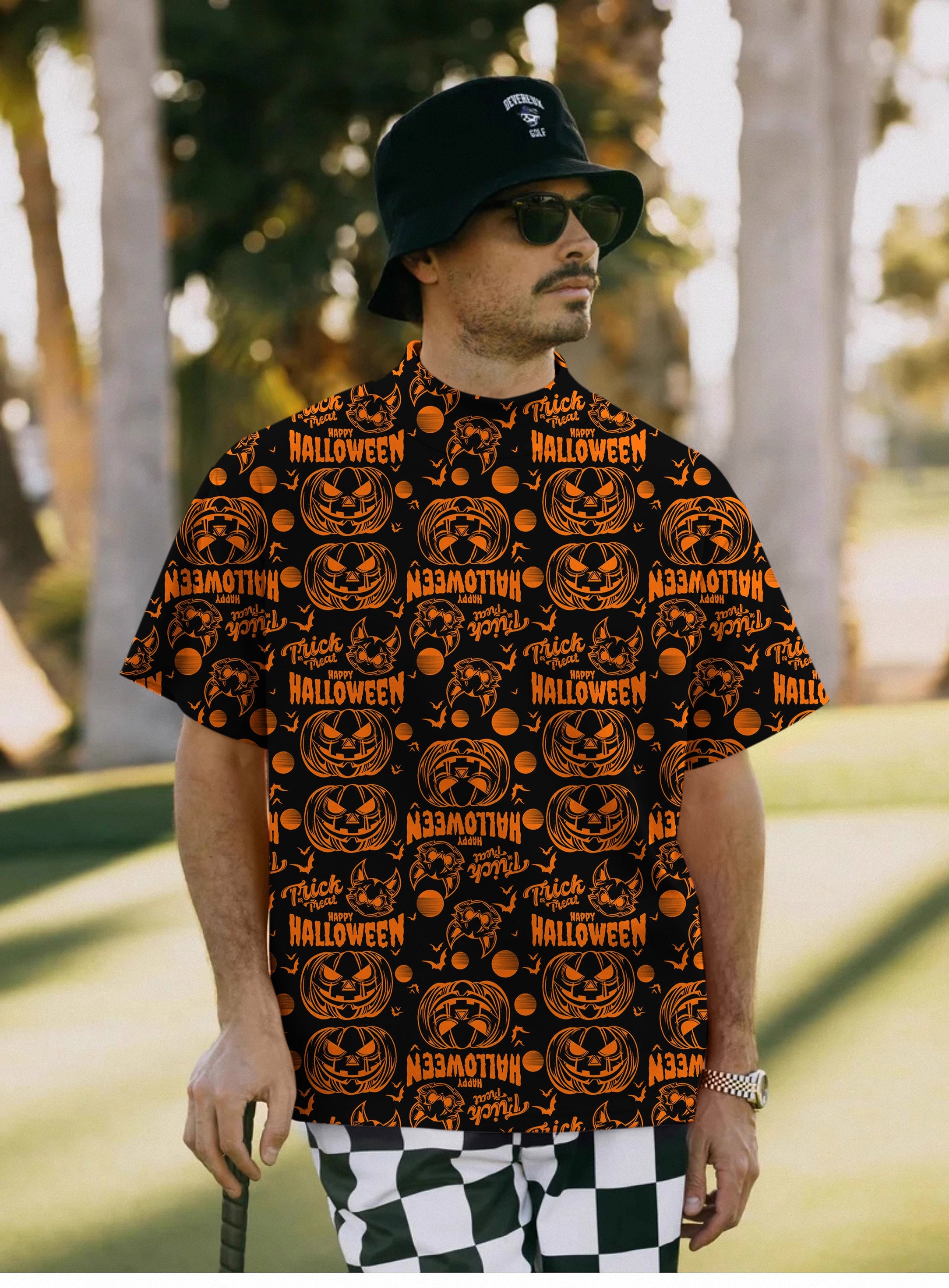 Men's Happy Halloween Pumpkin Pullover high neck short sleeve shirt with pumpkin and Halloween print