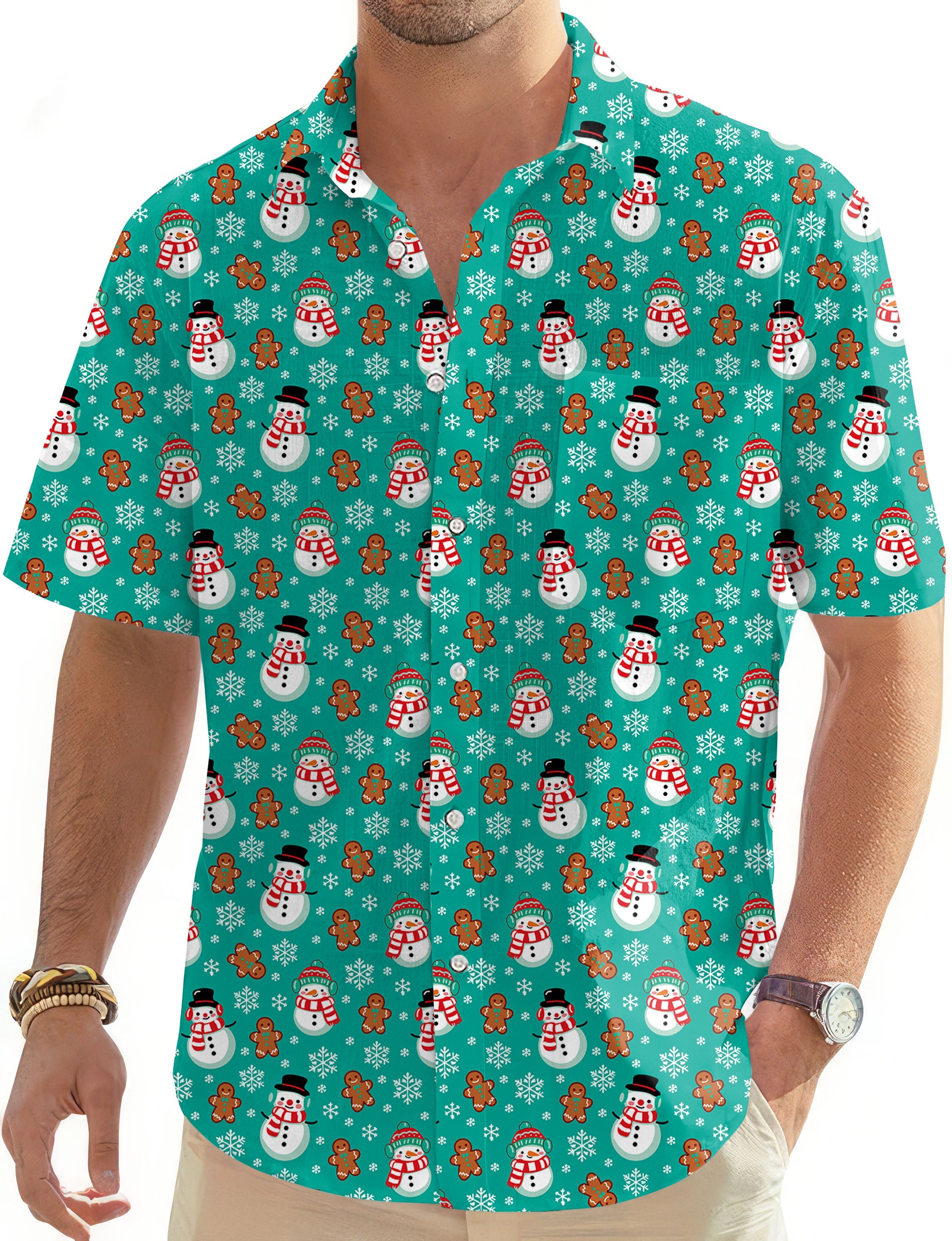 Men's gingerbread snowman blue Hawaiian golf shirt with button-down front and festive holiday pattern