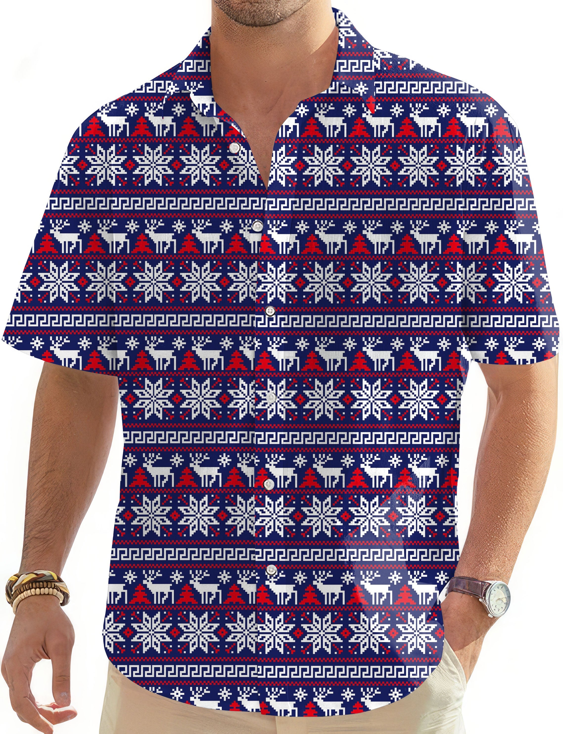 Men's Winter Wonderland golf Hawaiian shirt with festive snowflake and reindeer pattern, short sleeves, button-down collar, casual style.