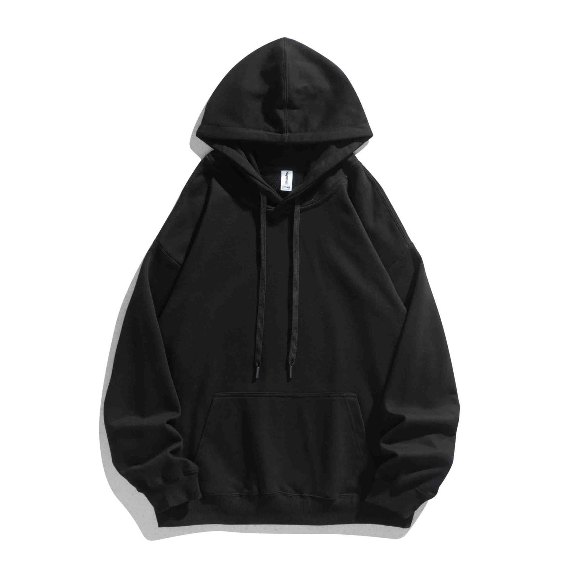 Solid color black plus size hoodie with three-panel hood and front pouch pocket
