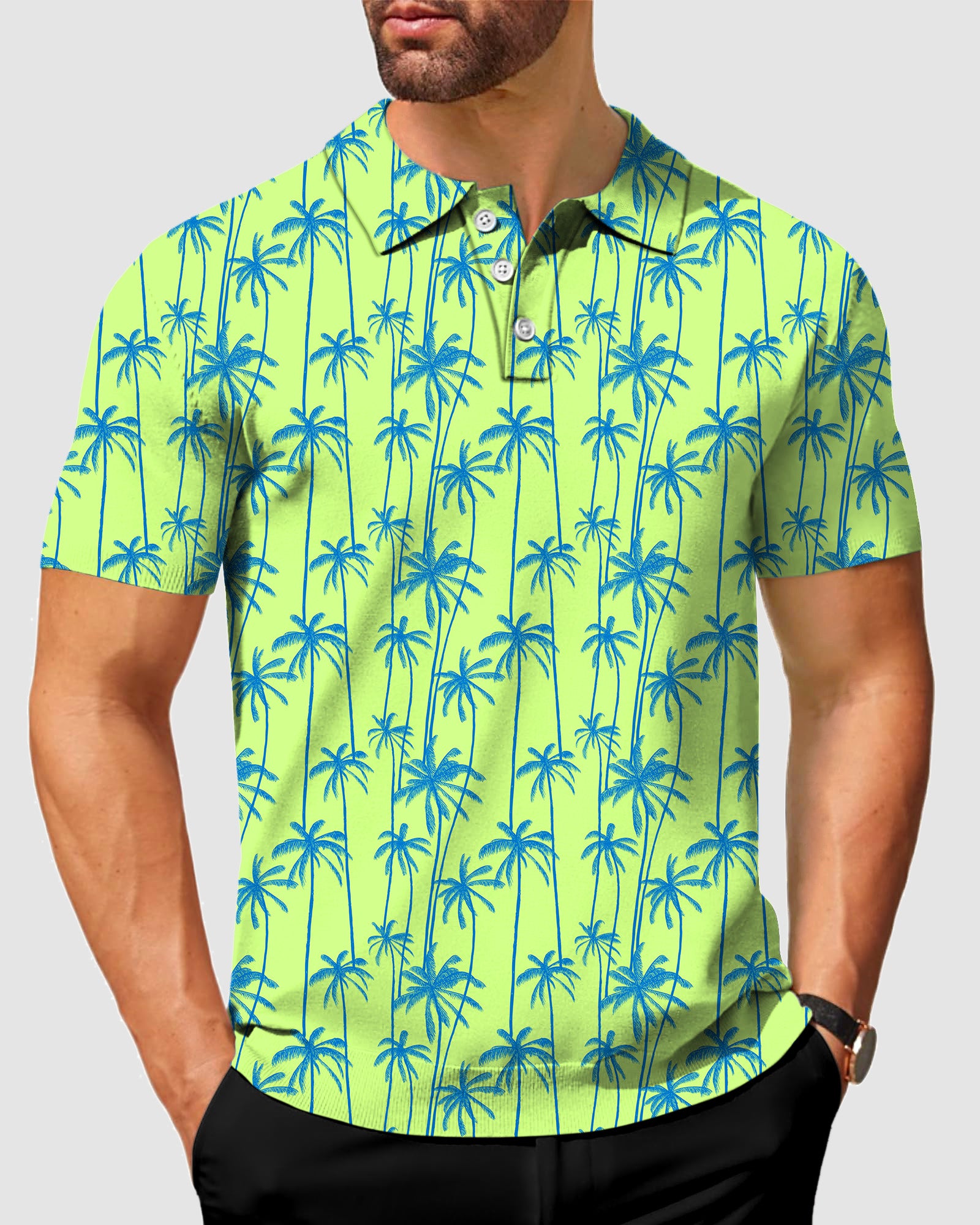 Men's Green And Blue Coconut Trees Polo