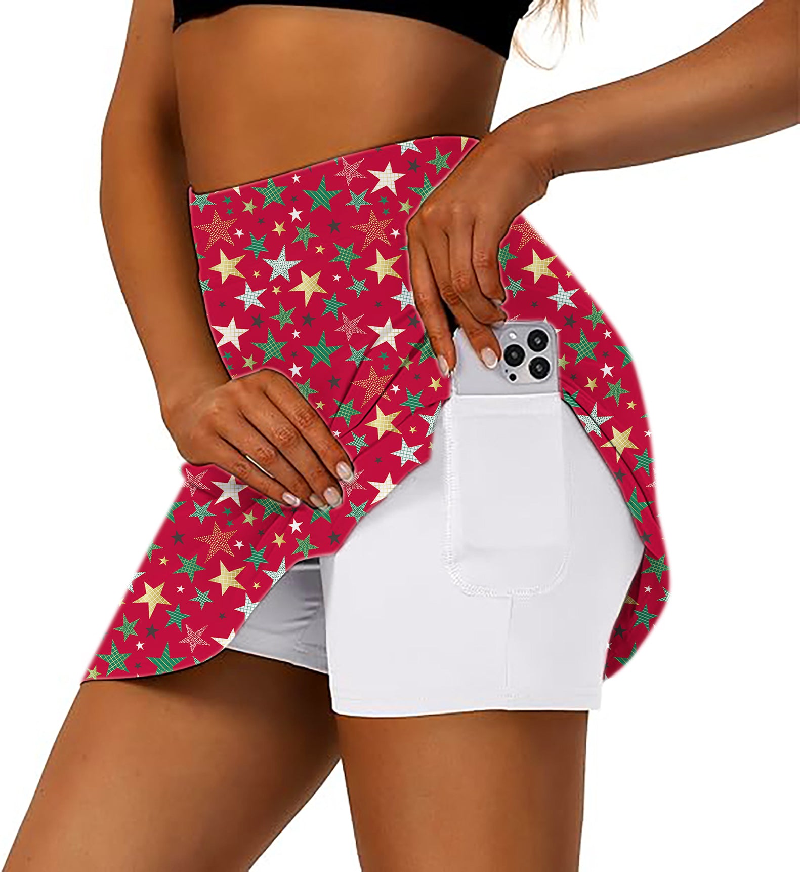 Women's -Colorful Stars Christmas Golf Skirts Inner Shorts Pocket