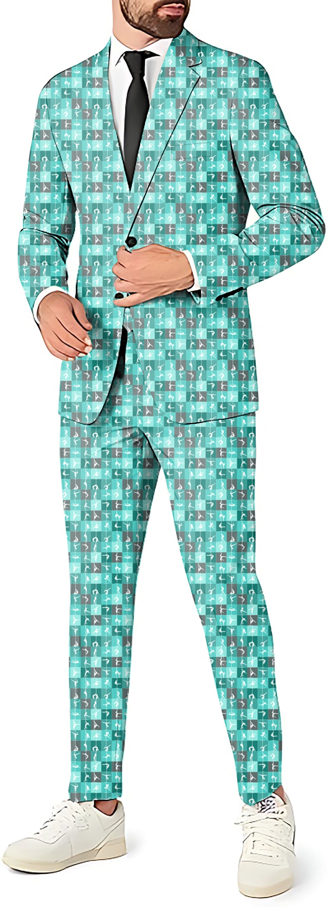 Anti-wrinkle men's party suit set with blazer, pants, and vest in teal patterned fabric