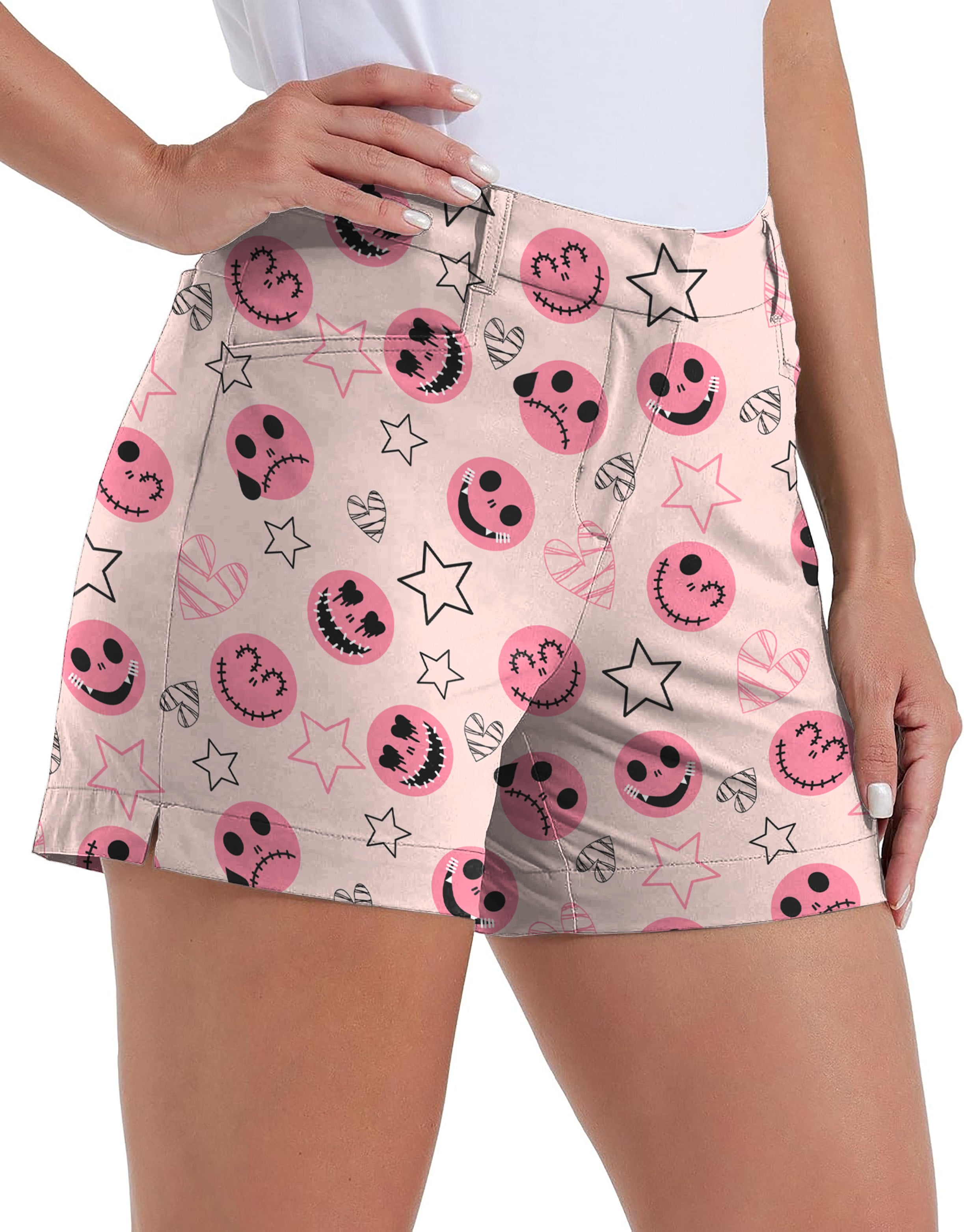 Halloween pink smiley face Polo Own Logo 4.5/7/10 Golf Shorts Quick-Drying Woman Outdoor Casual Shorts With Pockets Waterproof