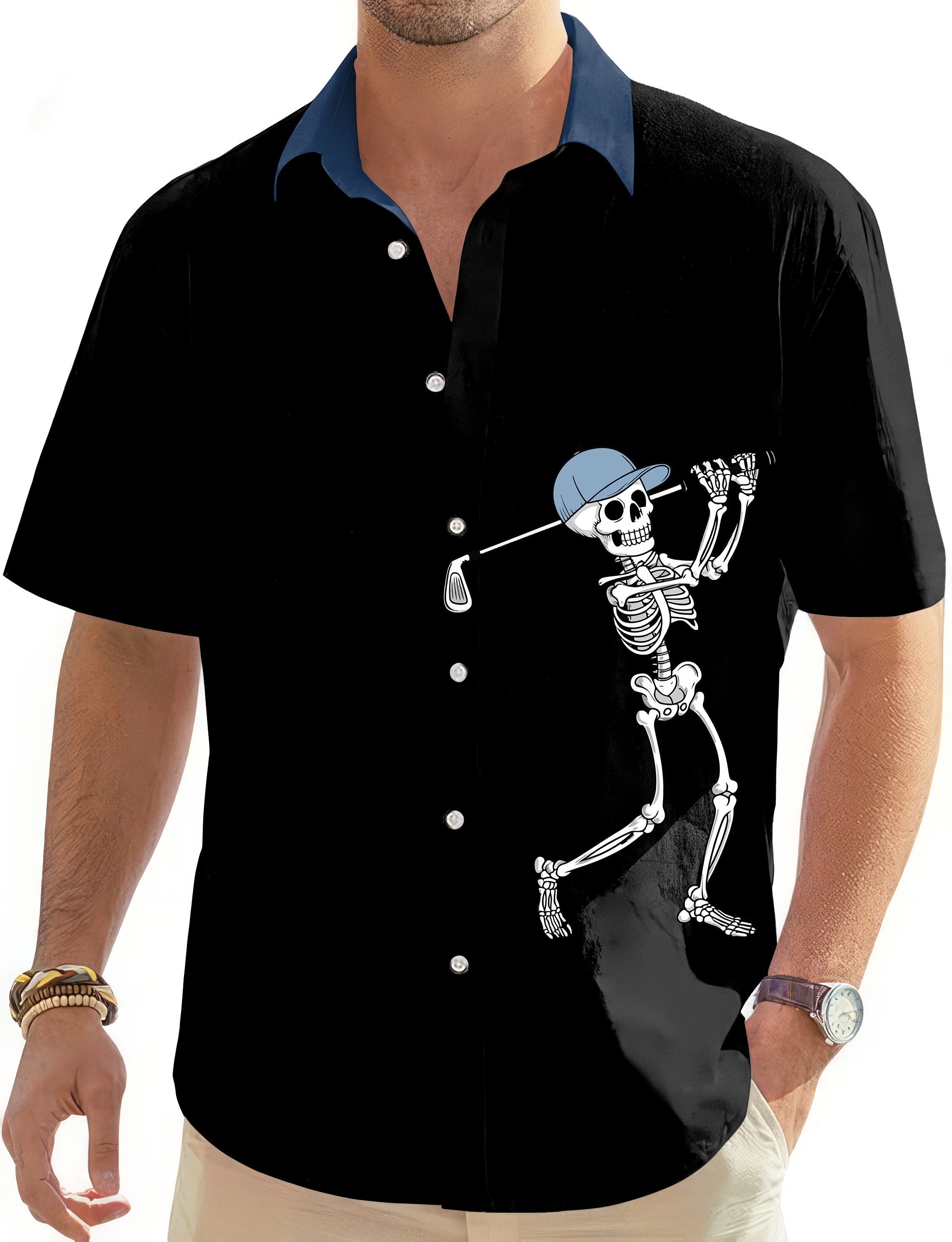 Blue Royal Black Halloween Skeleton Golf Men's Golf Hawaiian Shirts Button Down Shirt