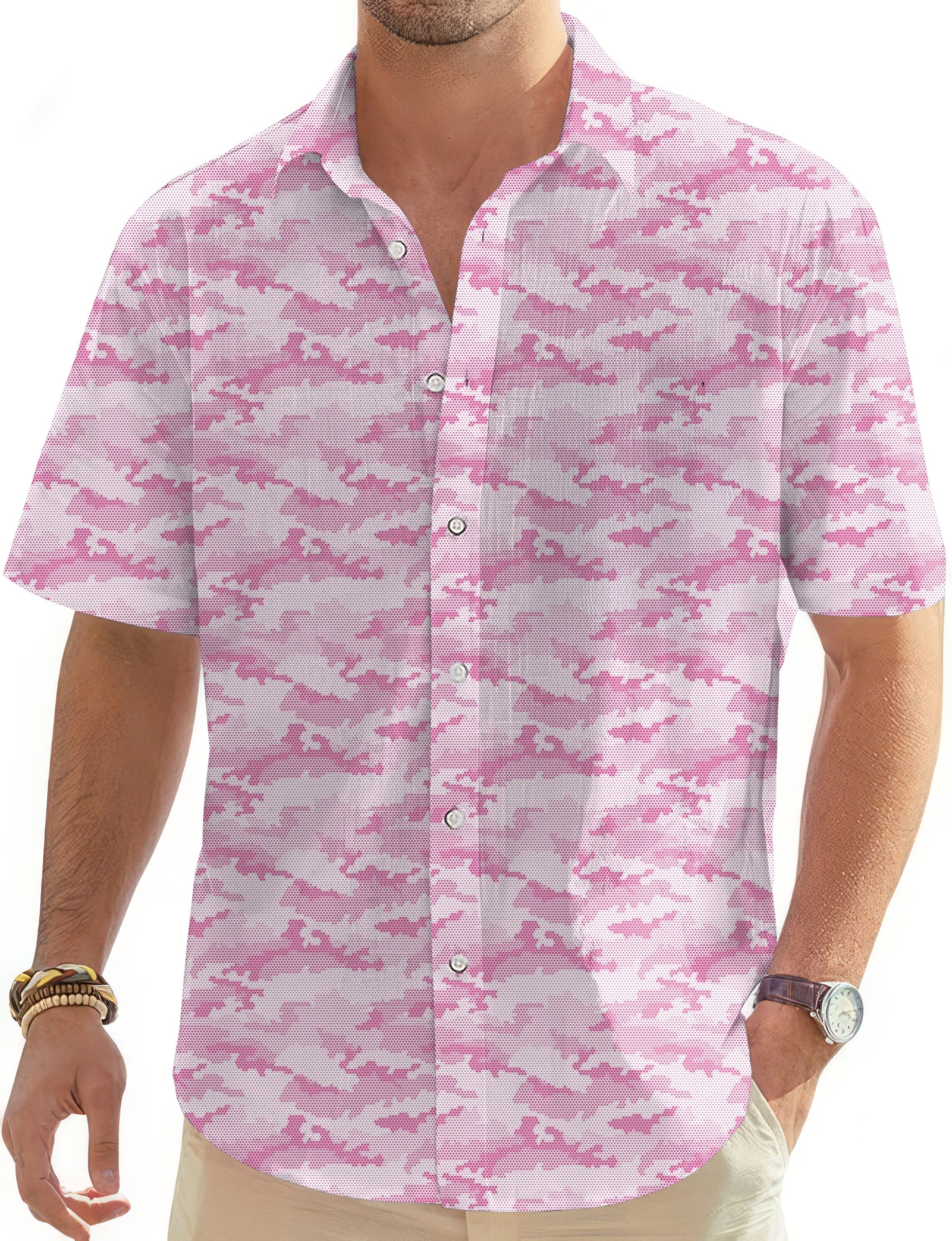 Men's short sleeve pink hex camo golf Hawaiian button down shirt with classic collar and patch pocket