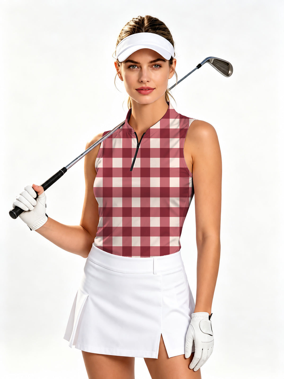 Christmas red checkerboard Women's Quarter Zip Mock Neck Sleeveless Golf Athletic Blouse