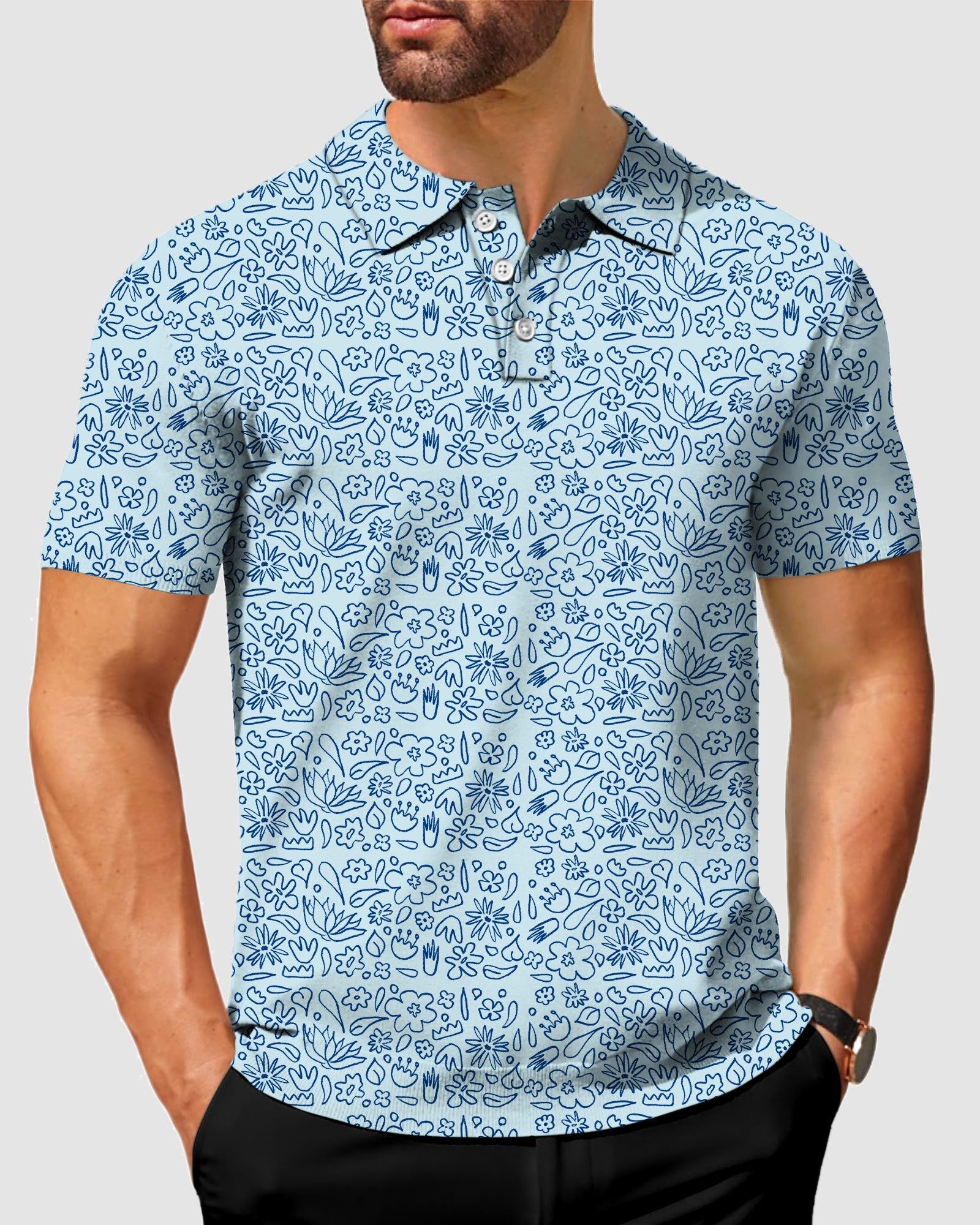 Men's simple blue flower drawing polo shirt with classic fit and comfortable four-way stretch fabric