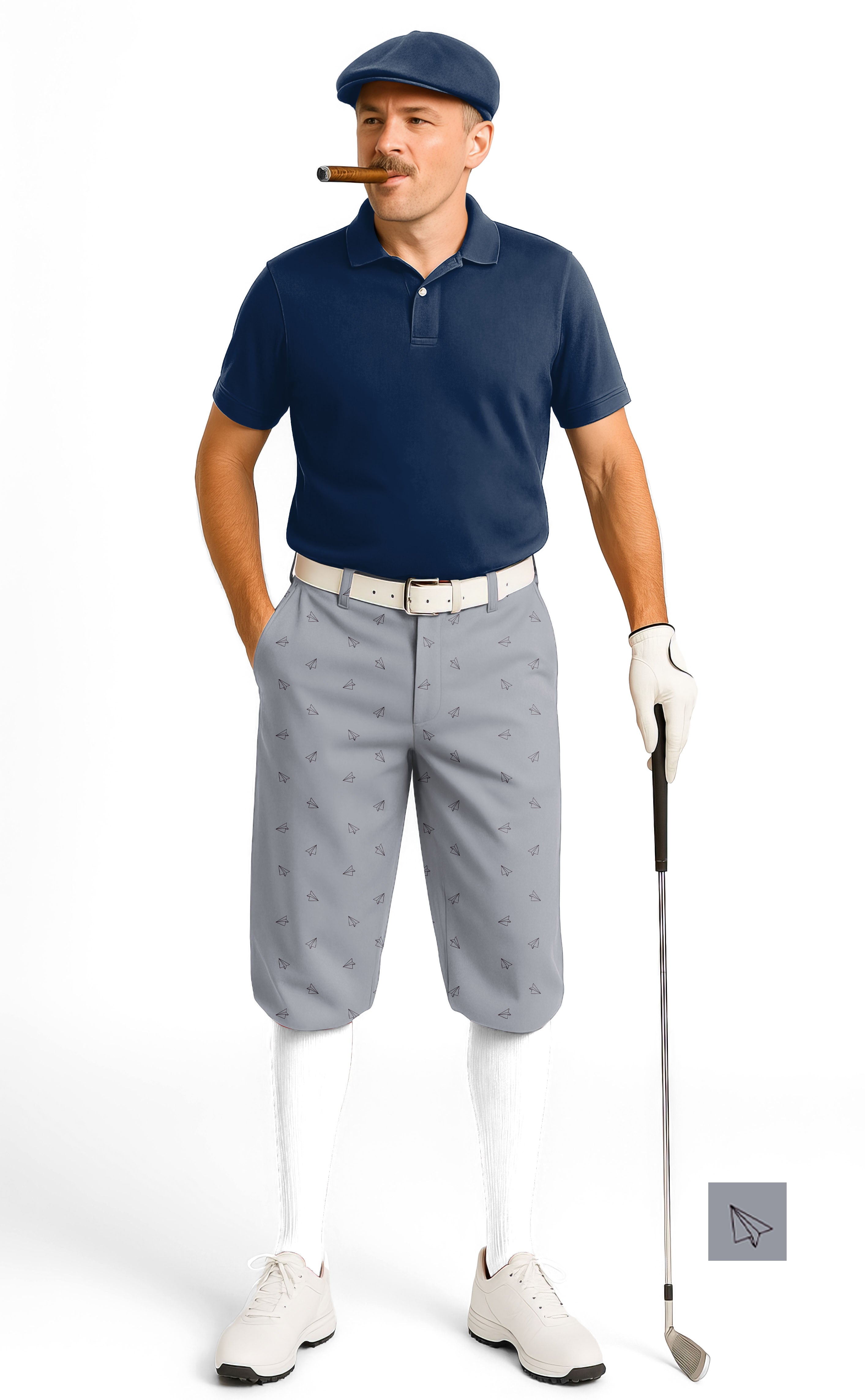 Men's golf knickers with paper airplanes pattern, snug ankle cuffs, and lightweight breathable fabric.