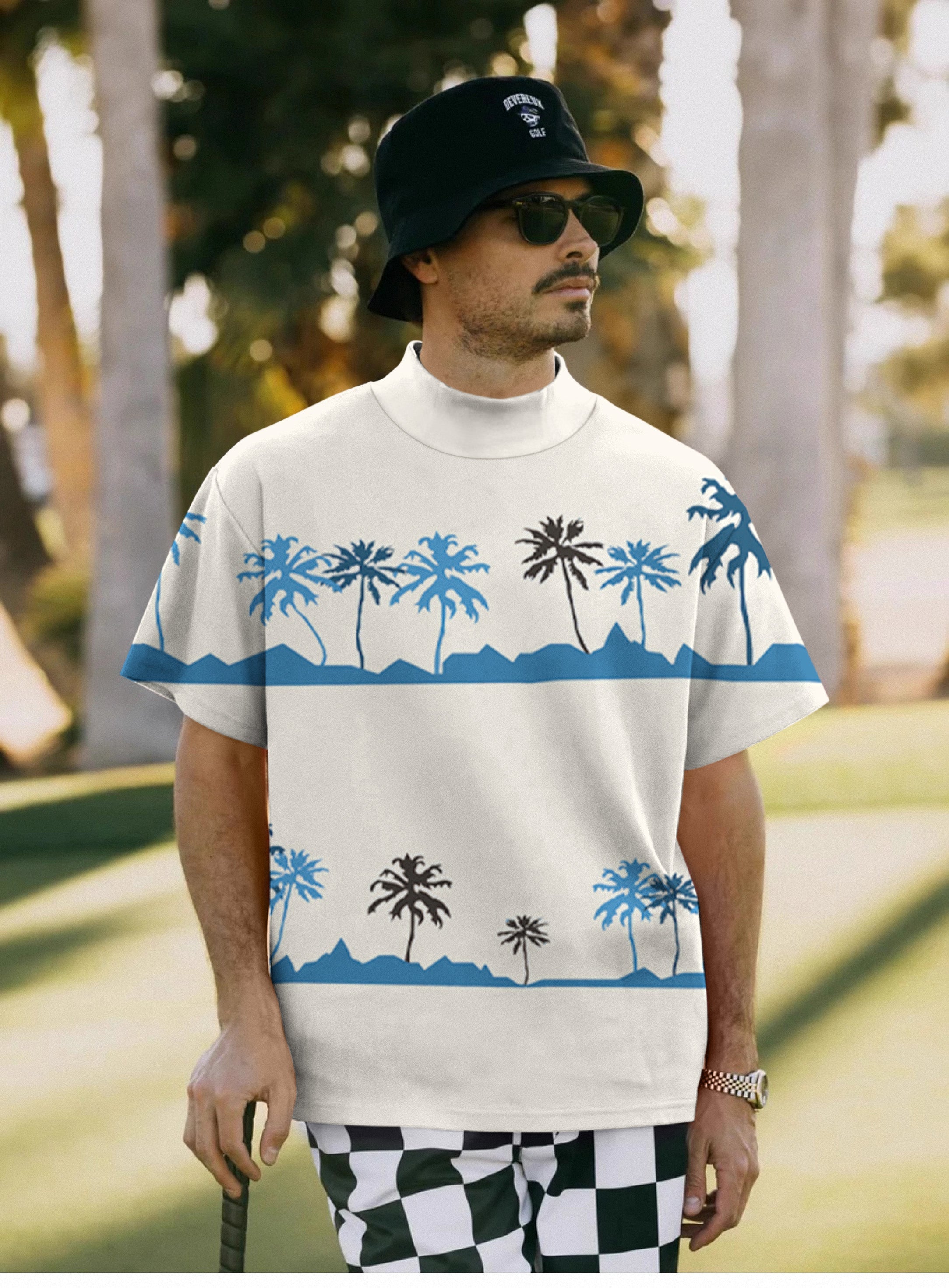 Men's palm tree pullover with high neck and short sleeves featuring blue palm tree design