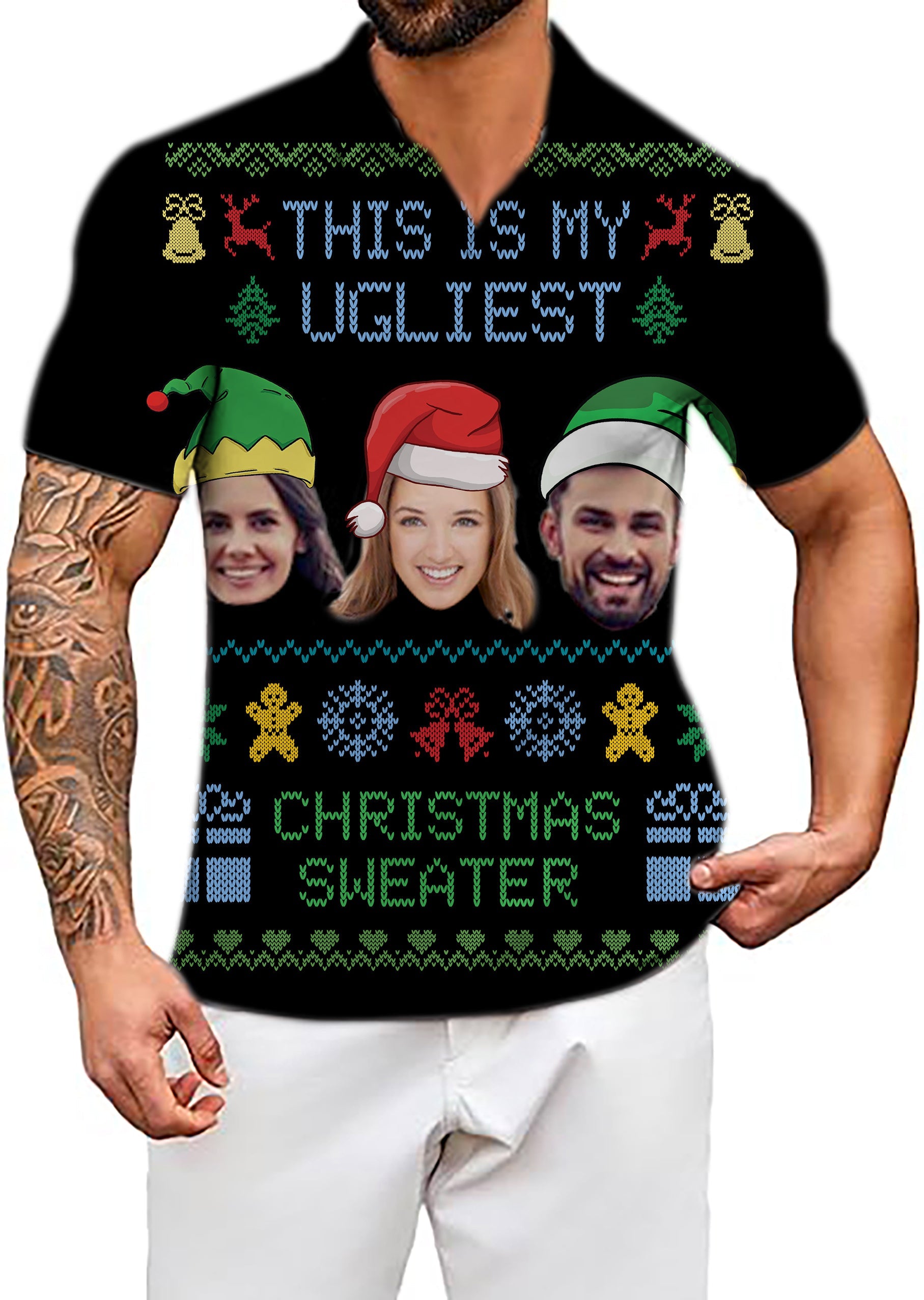 Men's Coconut Palm navy blue Christmas custom face polo shirt with ink dots and holiday design