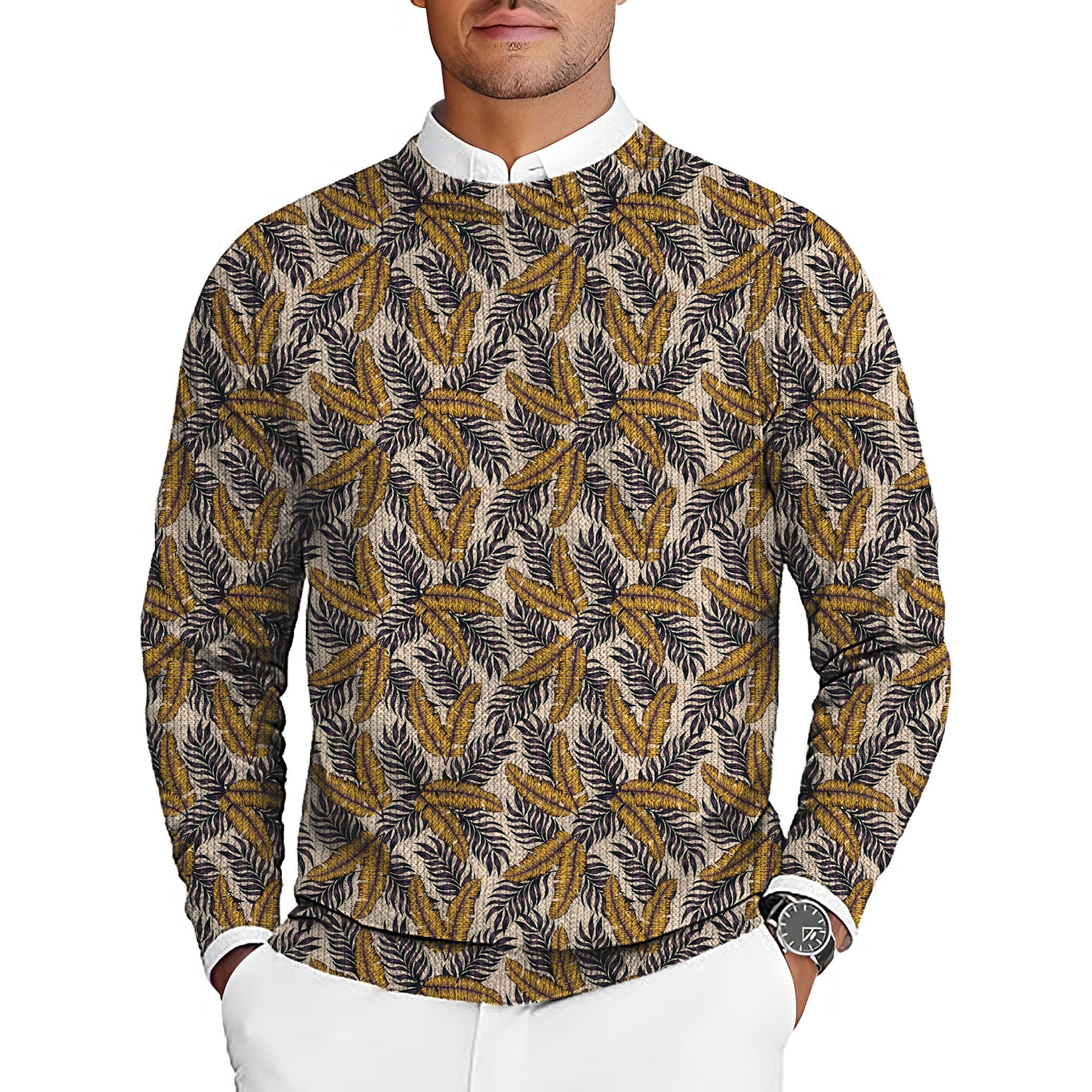 Golden Tropics Men's golf crewneck pullover sweater with tropical leaf pattern.