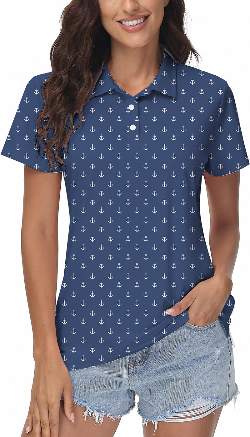 Navy Anchor Women's Golf Polo with stretch fabric, moisture-wicking, UPF 40+ protection, and classic fit.