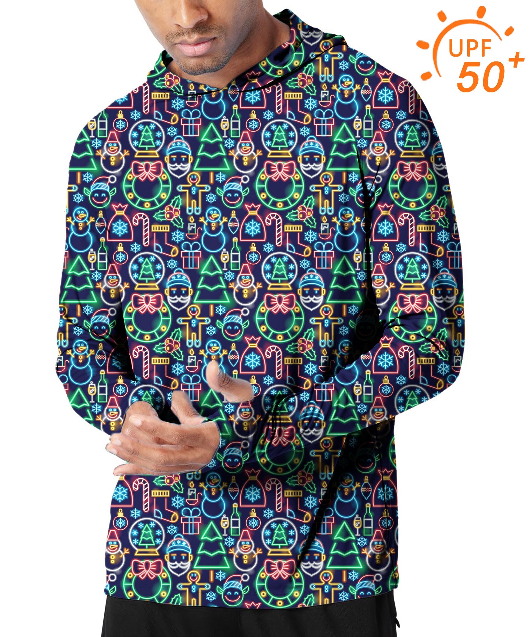 Men's neon Christmas-themed golf hoodie with UPF 50+ sun protection and slim fit design.