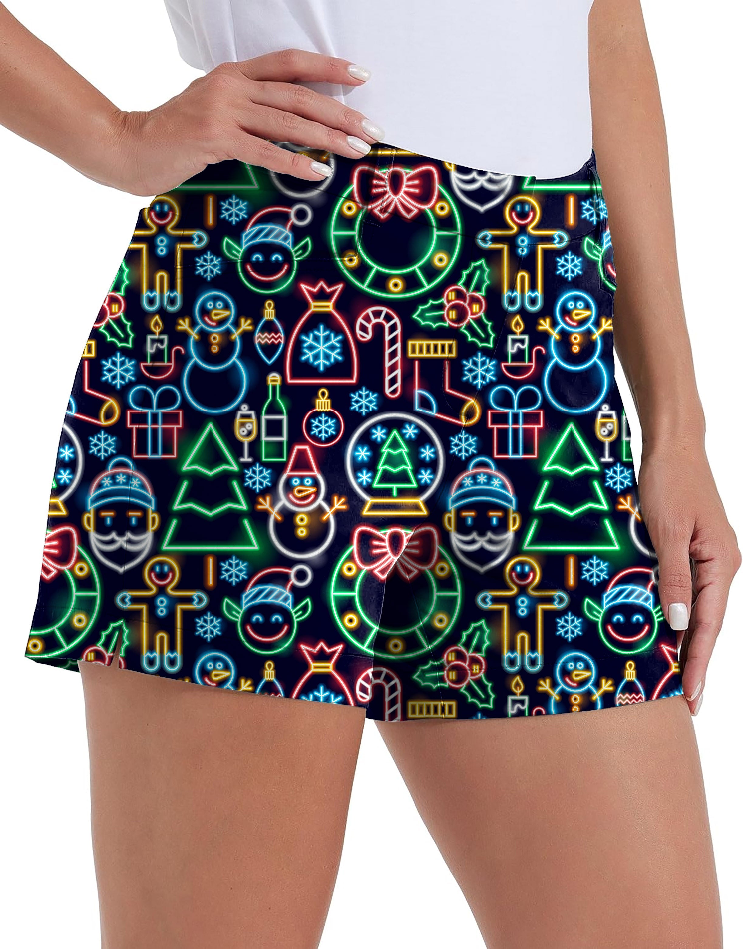Women's neon Christmas own logo golf shorts with quick-dry fabric and pockets, ideal for outdoor casual wear