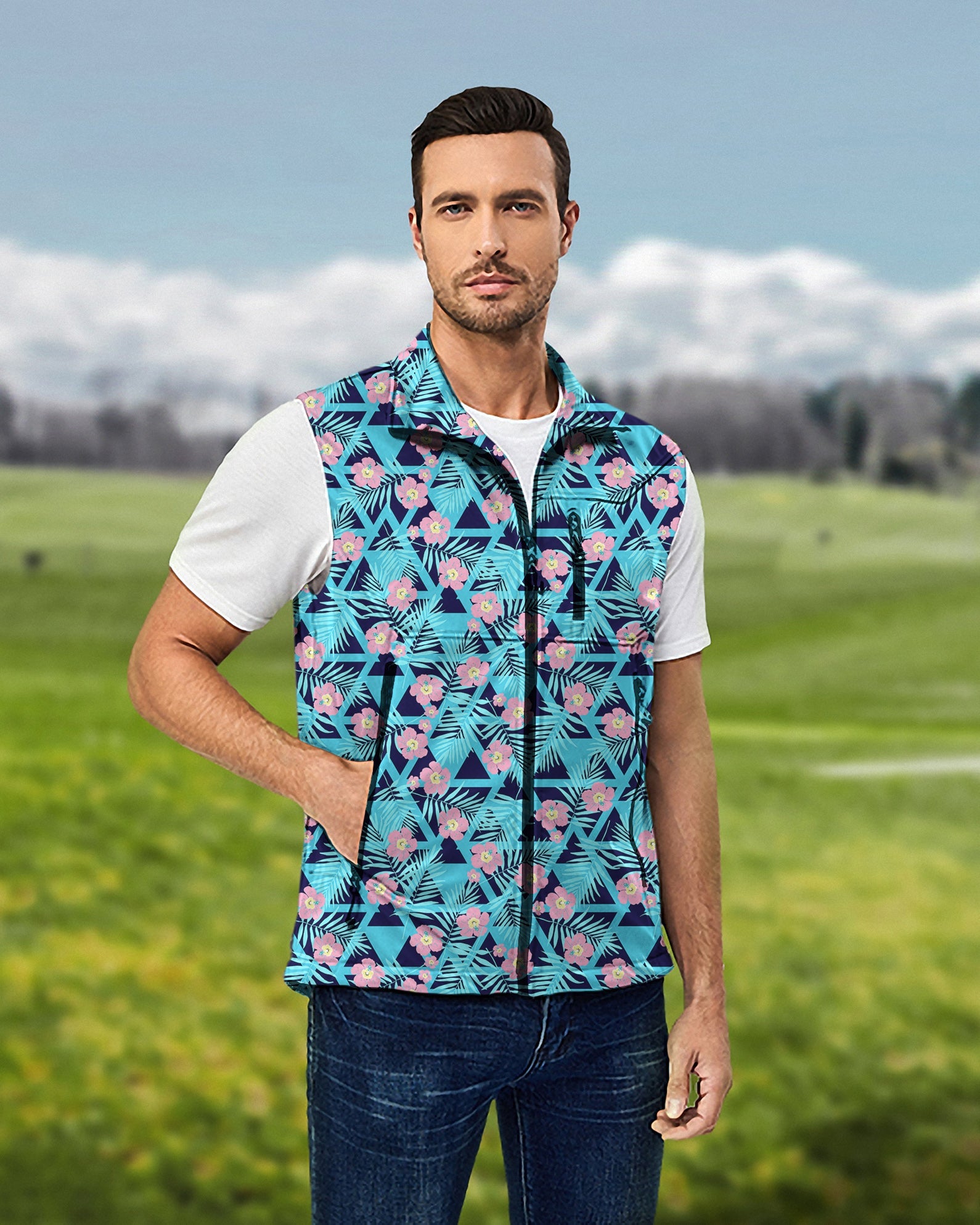 Men's Tropical Bloom lightweight softshell vest sleeveless golf jacket with tropical floral pattern, windproof and waterproof