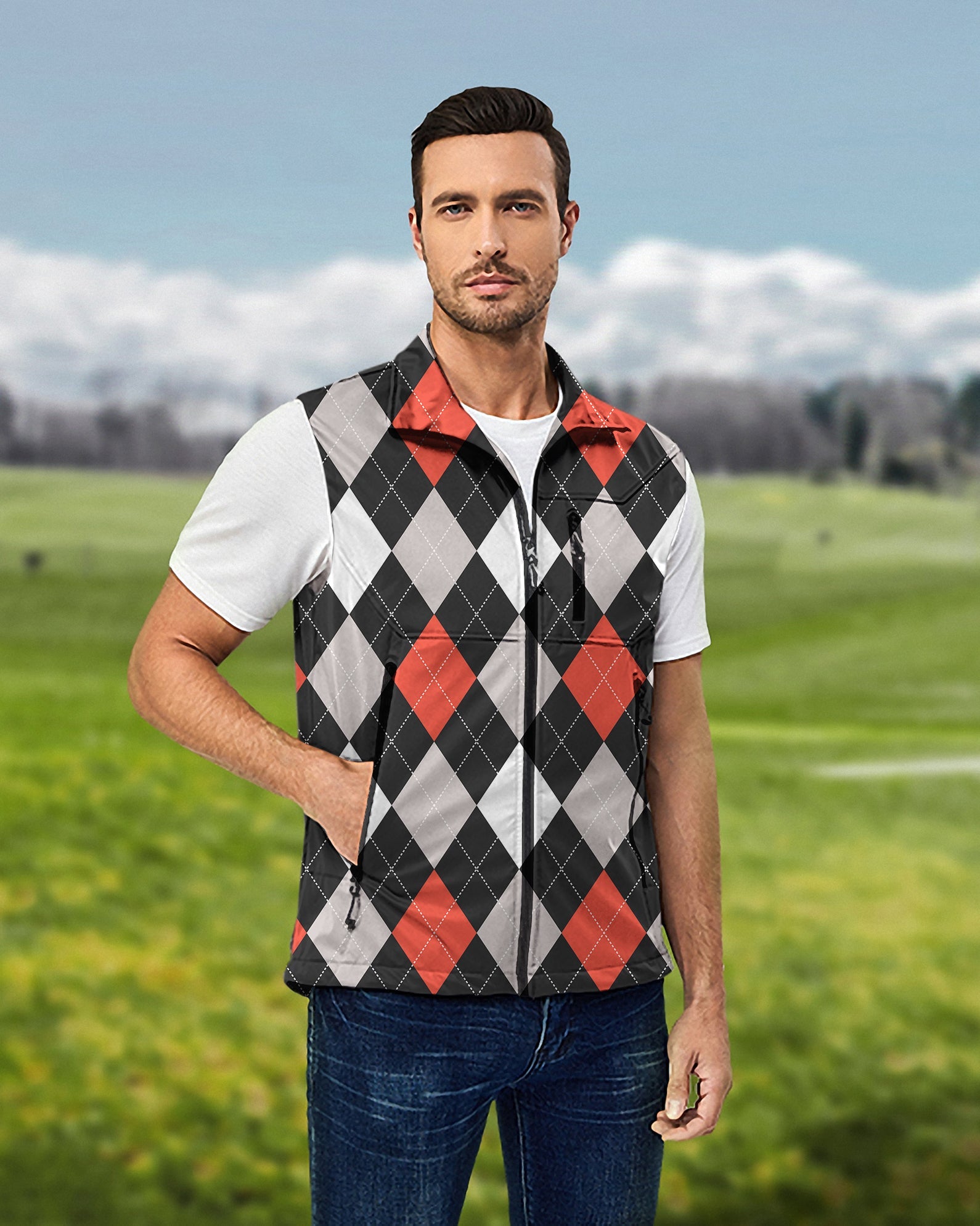 Men's Argyle red and black lightweight softshell sleeveless golf vest windproof waterproof