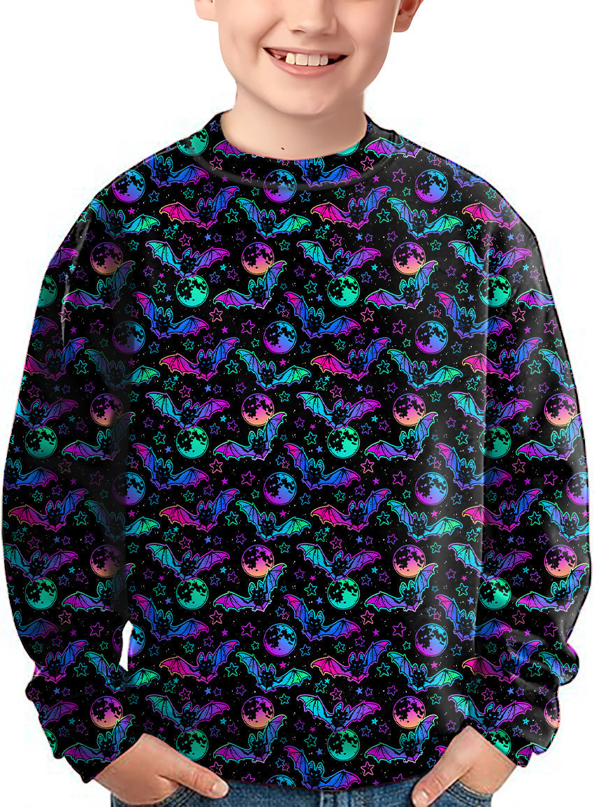 Kids Halloween Bat Moon crewneck pullover with colorful bat and moon pattern
